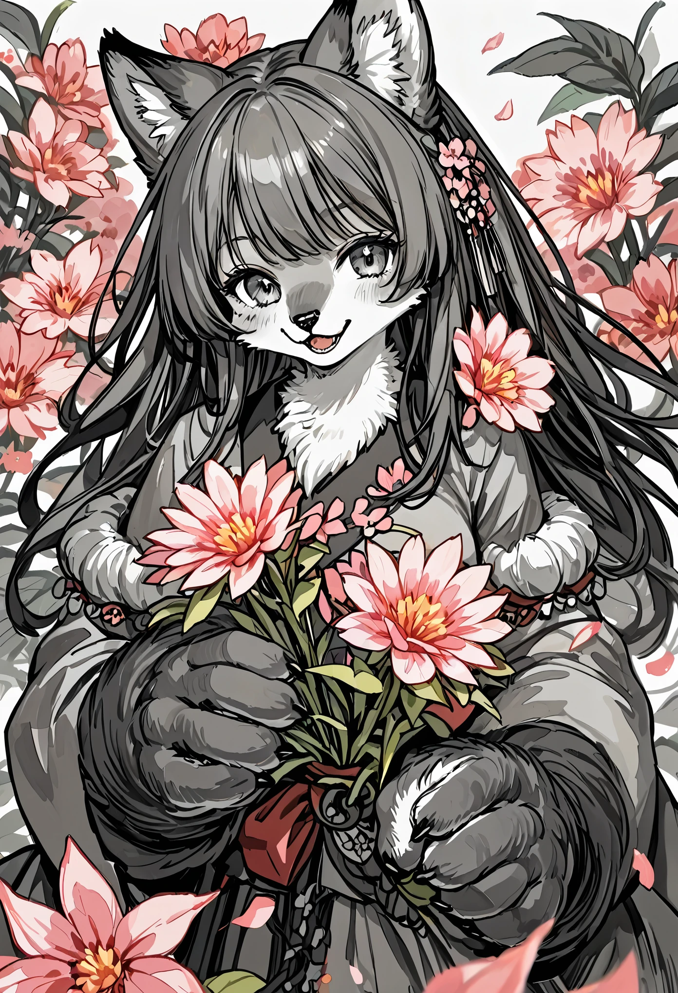 monochrome, watercolor, highres, top quality, best quality, paid reward available, High-quality illustrations, unparalleled masterpiece, perfect artwork, absurdres, 1girl, kemono, furry, detailed body fur, animal face, animal hand, Archaic Smile, holding a cluster of pink flower in both hands, which are positioned at chest level, She is wearing a simple ring on the ring finger of her left hand, unfocused spread of pink flower, fan-created work shared on platforms Pixiv or Twitter,
