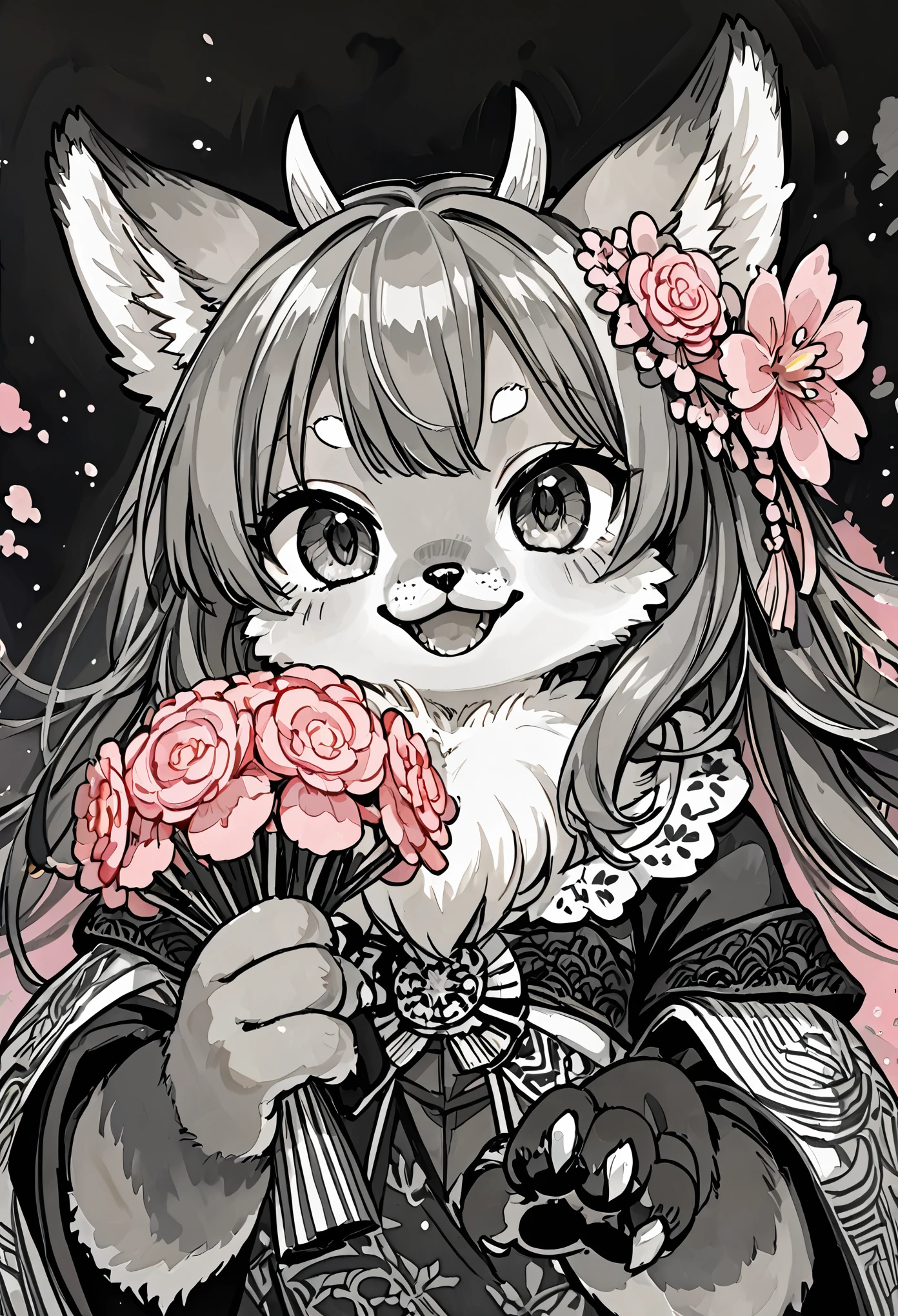 monochrome, watercolor, highres, top quality, best quality, paid reward available, High-quality illustrations, unparalleled masterpiece, perfect artwork, absurdres, 1girl, kemono, furry, detailed body fur, animal face, animal hand, Archaic Smile, holding a cluster of pink flower in both hands, which are positioned at chest level, She is wearing a simple ring on the ring finger of her left hand, unfocused spread of pink flower, fan-created work shared on platforms Pixiv or Twitter,