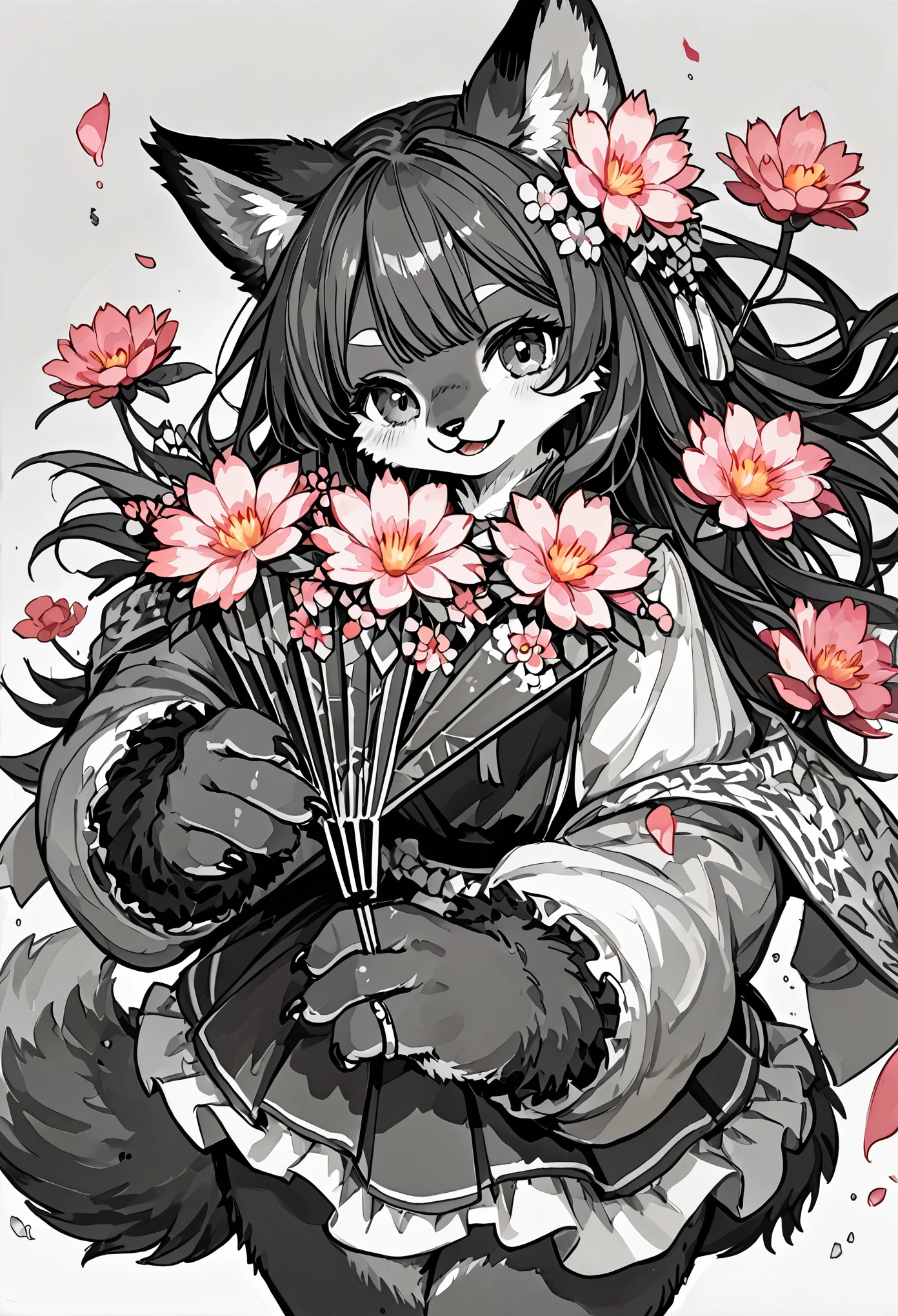 monochrome, watercolor, highres, top quality, best quality, paid reward available, High-quality illustrations, unparalleled masterpiece, perfect artwork, absurdres, 1girl, kemono, furry, detailed body fur, animal face, animal hand, Archaic Smile, holding a cluster of pink flower in both hands, which are positioned at chest level, She is wearing a simple ring on the ring finger of her left hand, unfocused spread of pink flower, fan-created work shared on platforms Pixiv or Twitter,