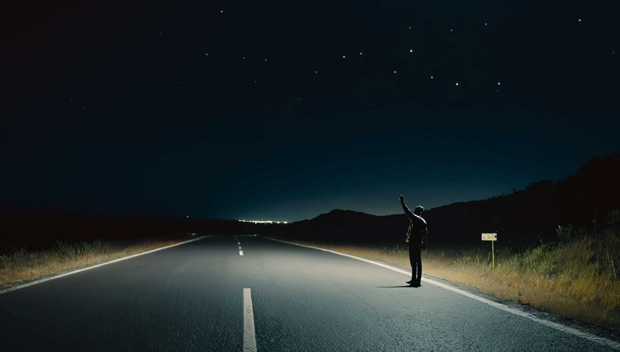 A lone figure stands on the side of the road at night, immobile, with his arm outstretched asking for a ride, fundo escuro, cinematic color tones, cena detalhada, imagem real