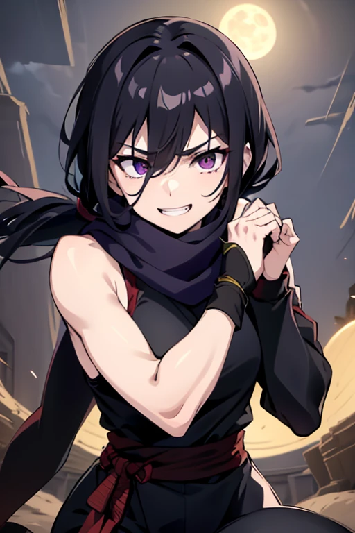 (masterpiece), best quality, (expressive eyes), perfect face, a ninja girl, dynamic black long hair, (hair over one eye), bangs, pony tail, wide open eyes, purple eyes, smug smile, teeth, black ninja mouth mask, purple scarf, dark purple sleeveless suit, black tight sleeves, shot from below, ((looking down at viewer)), ((close up shot)), red sky night indoor scenery, yellow moon, ninja shushing pose