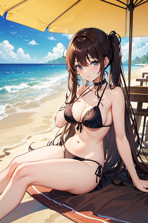 masterpiece, highest quality, High resolution,Anime Style、Brown Hair、long、Resting on the beach、Beach parasol、bikini、Sand castles