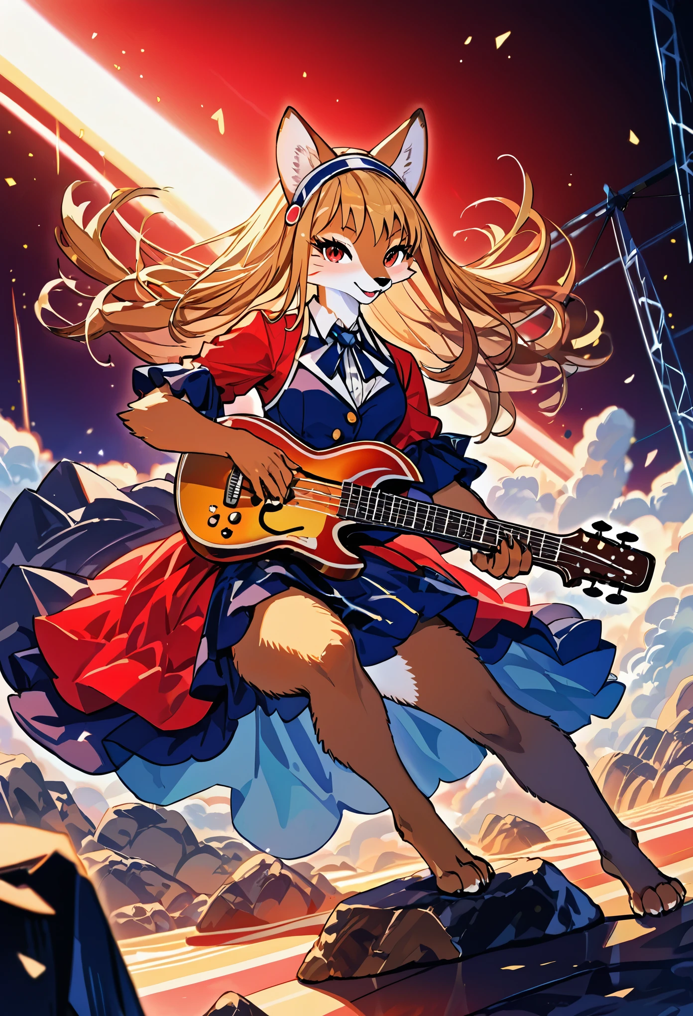 top quality, best quality, High-quality illustrations, masterpiece, super high resolution, detailed background, Rock Band Concerts, Musical instrument performance, Stage Performance, hot air, absurdres(highly detailed beautiful face and eyes)perfect anatomy, expression, good lighting, cinematic shadow(kemono, furry anthro),