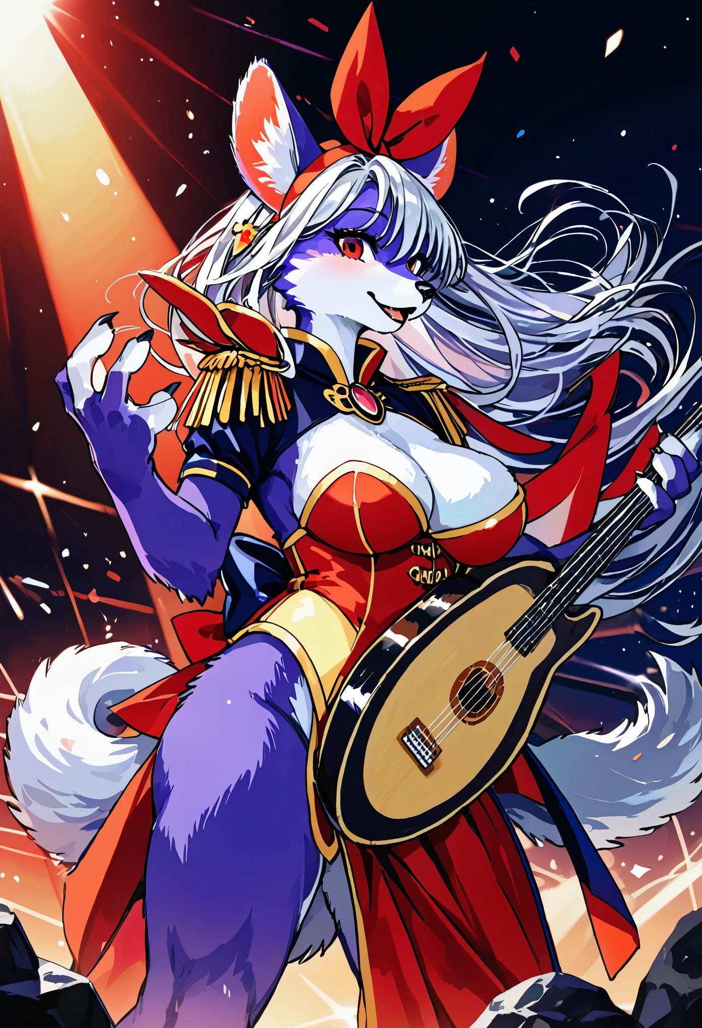 top quality, best quality, High-quality illustrations, masterpiece, super high resolution, detailed background, Rock Band Concerts, Musical instrument performance, Stage Performance, hot air, absurdres(highly detailed beautiful face and eyes)perfect anatomy, expression, good lighting, cinematic shadow(kemono, furry anthro),