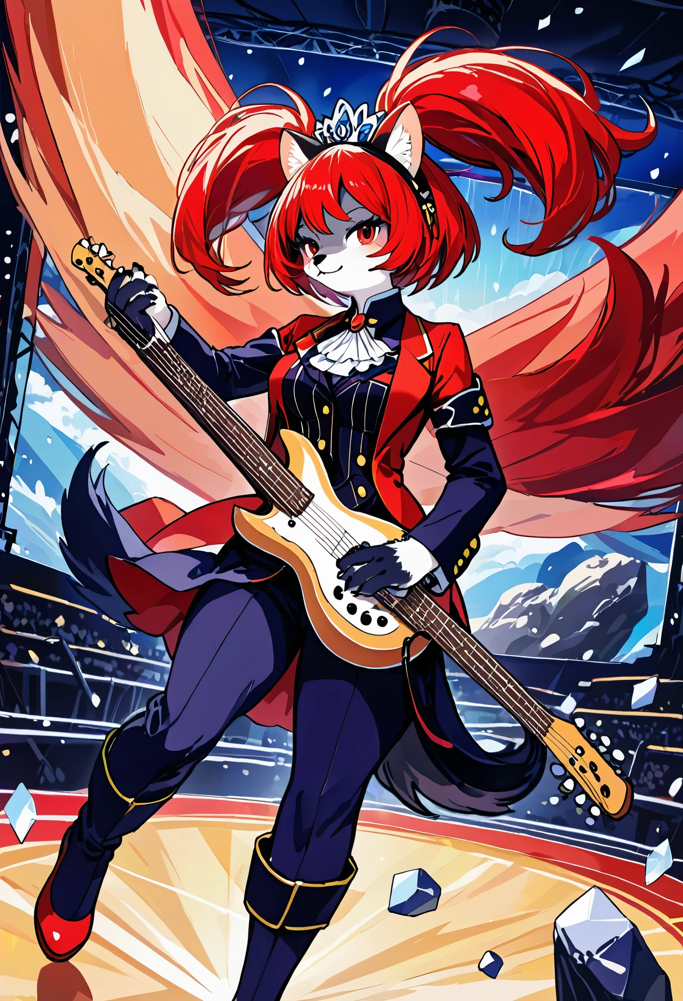top quality, best quality, High-quality illustrations, masterpiece, super high resolution, detailed background, Rock Band Concerts, Musical instrument performance, Stage Performance, hot air, absurdres(highly detailed beautiful face and eyes)perfect anatomy, expression, good lighting, cinematic shadow(kemono, furry anthro),