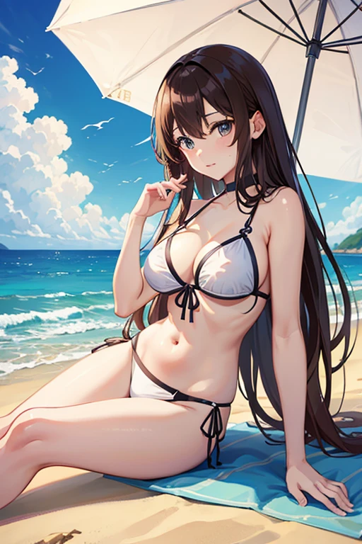 masterpiece, highest quality, High resolution，Anime Style、Brown Hair、long、Resting on the beach、Beach parasol、bikini、Sand castles、Selfie style