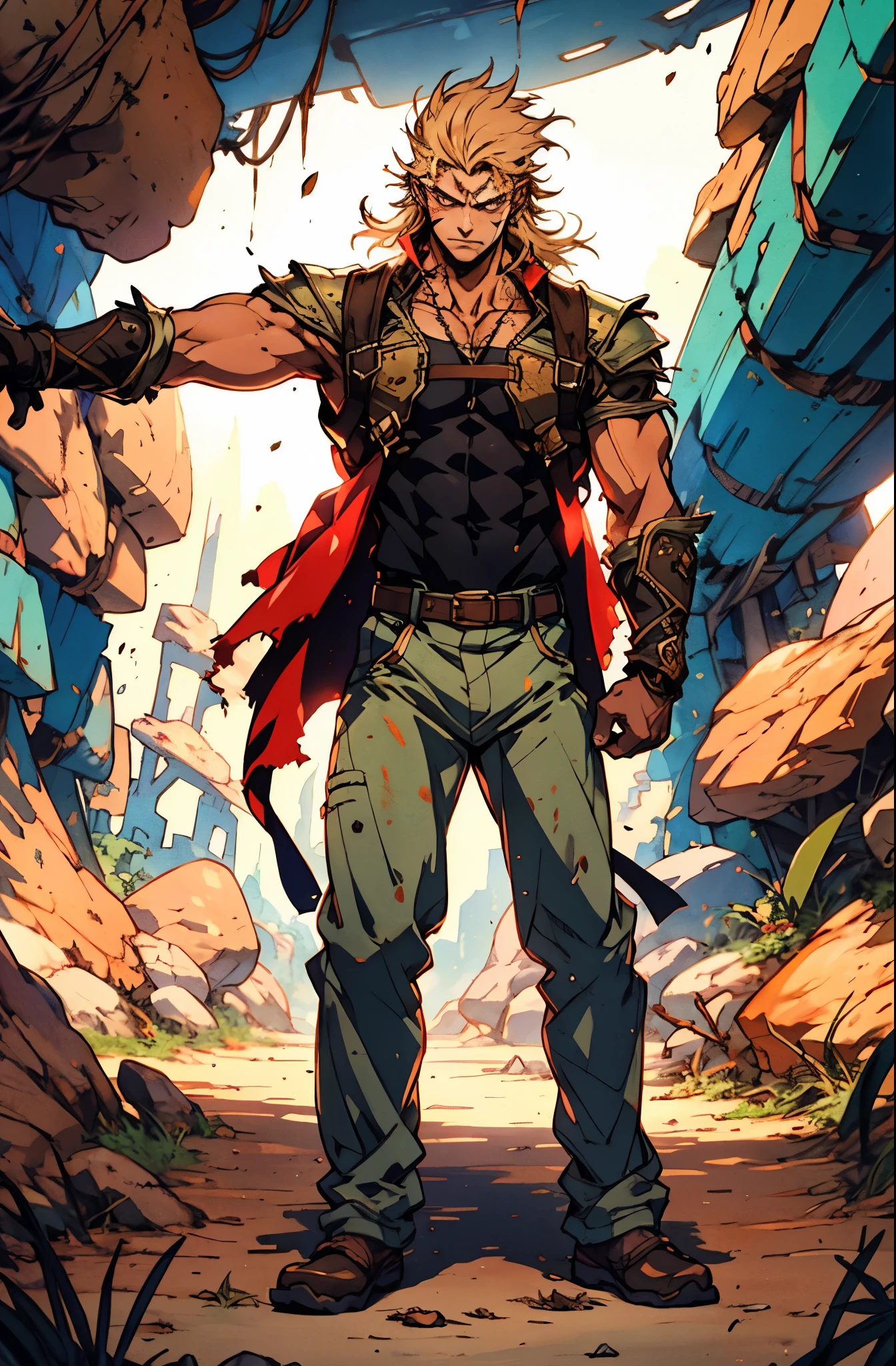 A man with brown disheveled and bristling hair, sharp eyes, a dignified expression, two green war marks on his face, a fantasy-style tattered brown coat with one sleeve torn, a black sleeveless undershirt, a red cloth belt around his waist, light-colored trousers, thick cloth shoes, a strong aura surrounds him, stands in a fantastical canyon cave, this character embodies a finely crafted fantasy-style practitioner in anime style, exquisite and mature manga art style, dramatic, high definition, best quality, highres, ultra-detailed, ultra-fine painting, extremely delicate, professional, perfect body proportions, golden ratio, anatomically correct, symmetrical face, extremely detailed eyes and face, high quality eyes, creativity, RAW photo, UHD, 32k, Natural light, cinematic lighting, masterpiece-anatomy-perfect, masterpiece:1.5