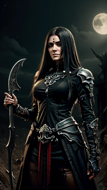 High resolution ultra detailed photography of a female necromancer with a bone scythe in her hand, female necromancer with clothes made of bones, female necromancer in a standing threatening pose looking towards the camera, photo background gloomy at night, The female necromancer's face is that of a Native American woman, face clearly detailed with red eyes