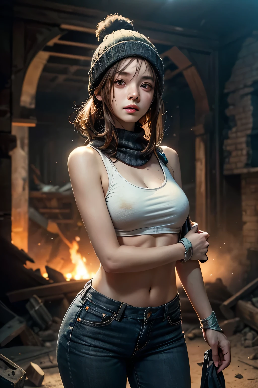 A woman with goddess body, wears a beanie with her sleeveless shirt and short thigh pants, distressed details, ripped details, gauze, bandages, ((masterpiece, highres, textured skin, UHD, anatomically correct, chiaroscuro, drop shadow, cinematic lighting, depth of field, soft lighting, warm tone)), A post-apocalyptic scenery, wasteland, destroyed buildings, ruins, debris, sand blizzard, dust, rusty, wreck