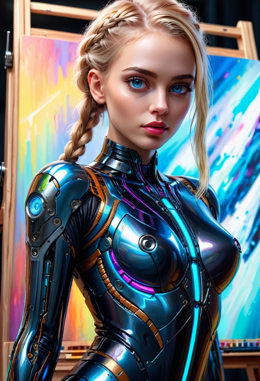 a sexy cyborg woman with a french braid and blonde hair, drawing a self-portrait in oil paints, standing full-length in front of an easel with paints, (best quality, 4k, 8k, highres, masterpiece:1.2), ultra-detailed, (realistic, photorealistic, photo-realistic:1.37), portrait, highly detailed face, beautiful detailed eyes, beautiful detailed lips, extremely detailed eyes and face, long eyelashes, intricate machinery and cybernetic implants, sleek metallic body, glowing energy lines, dramatic lighting, vibrant colors, cinematic composition