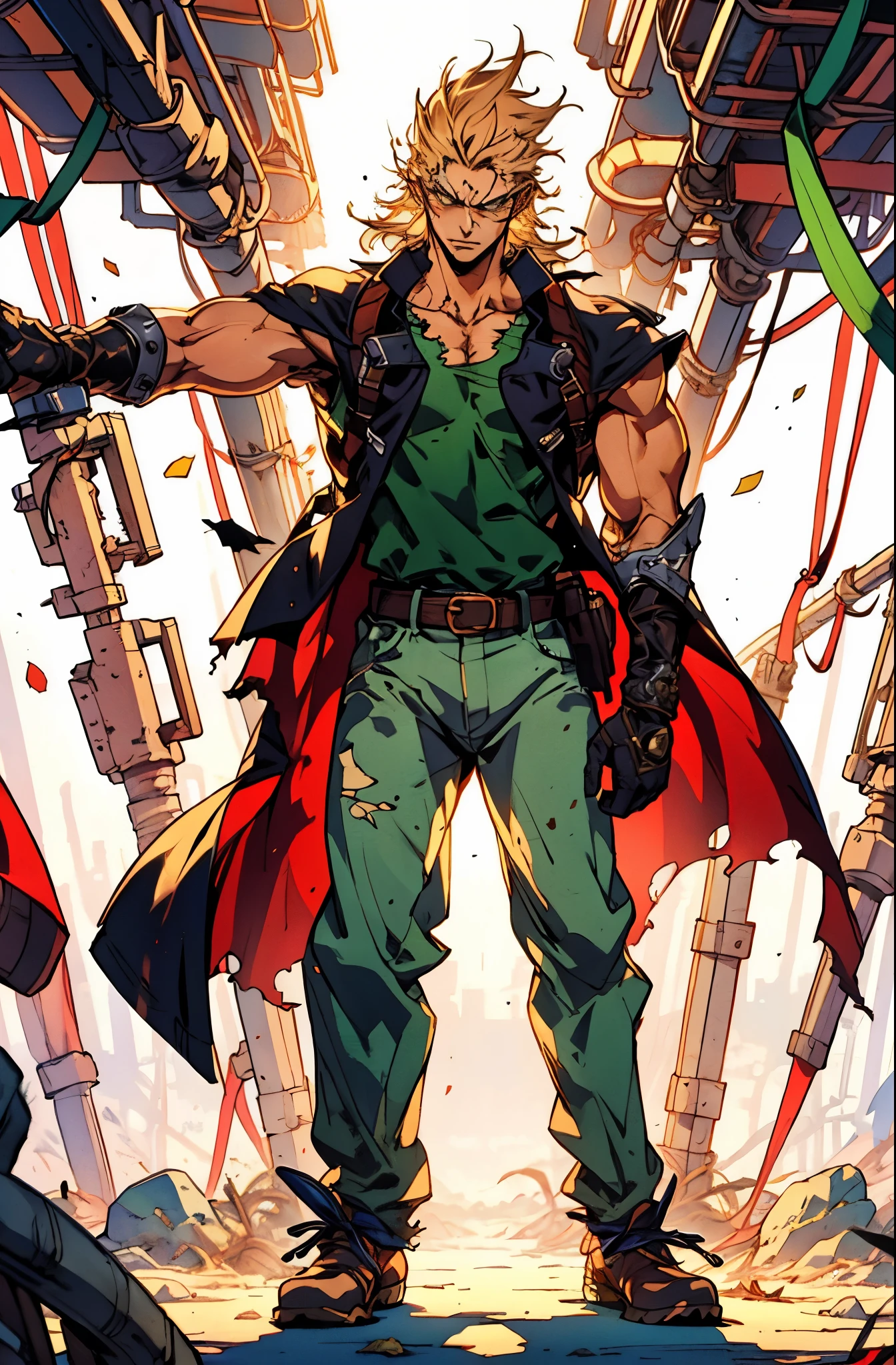 A man with brown disheveled and bristling hair, sharp eyes, a dignified expression, two green war marks on his face, a fantasy-style tattered brown coat with one sleeve torn, a black sleeveless undershirt, a red cloth belt around his waist, light-colored trousers, thick cloth shoes, a strong aura surrounds him, stands in a fantastical canyon cave, this character embodies a finely crafted fantasy-style practitioner in anime style, exquisite and mature manga art style, dramatic, high definition, best quality, highres, ultra-detailed, ultra-fine painting, extremely delicate, professional, perfect body proportions, golden ratio, anatomically correct, symmetrical face, extremely detailed eyes and face, high quality eyes, creativity, RAW photo, UHD, 32k, Natural light, cinematic lighting, masterpiece-anatomy-perfect, masterpiece:1.5