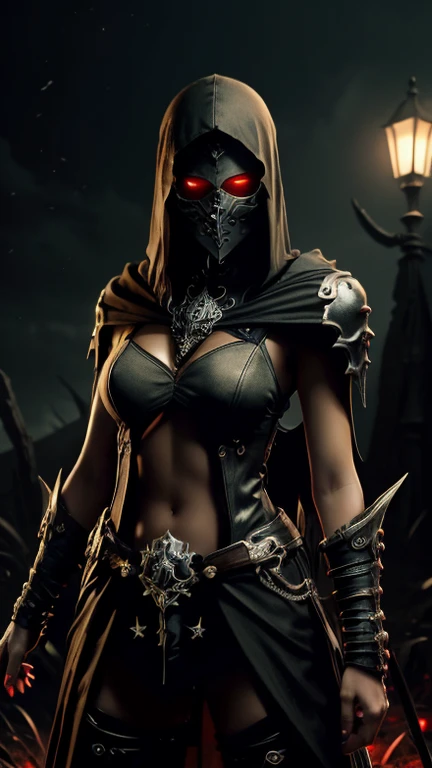 High resolution ultra detailed photography of a female necromancer with a bone scythe in her hand, female necromancer with clothes made of bones, female necromancer in a standing threatening pose looking towards the camera, photo background gloomy at night, The female necromancer's face is that of a Native American woman, face clearly detailed with red eyes