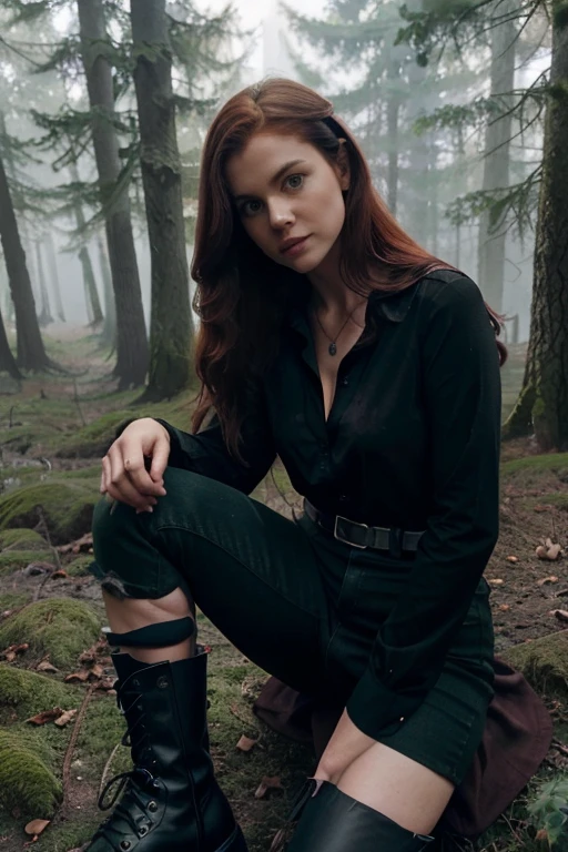 Susan Walters,Natalie Martin,  Wolf, 40 years old, long messy red hair, green eyes, green dress shirt with black edges, dark black jeans, black boots, silver pendant, white wolf print. Forest background with fog aura around black color.