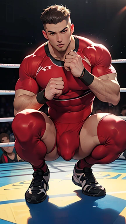 ((Best Quality, 8K, ultra-detailed, Masterpiece: 1.3)), 1boy, shiny skin, sharp, Perfect Body Beauty, realistic shaded perfect body, (cute baby face:1.1),("wrestling wear, big bulge ":1.2),(dynamic pose:1.1), thigh , (bulge focus:1.2) ,squatting