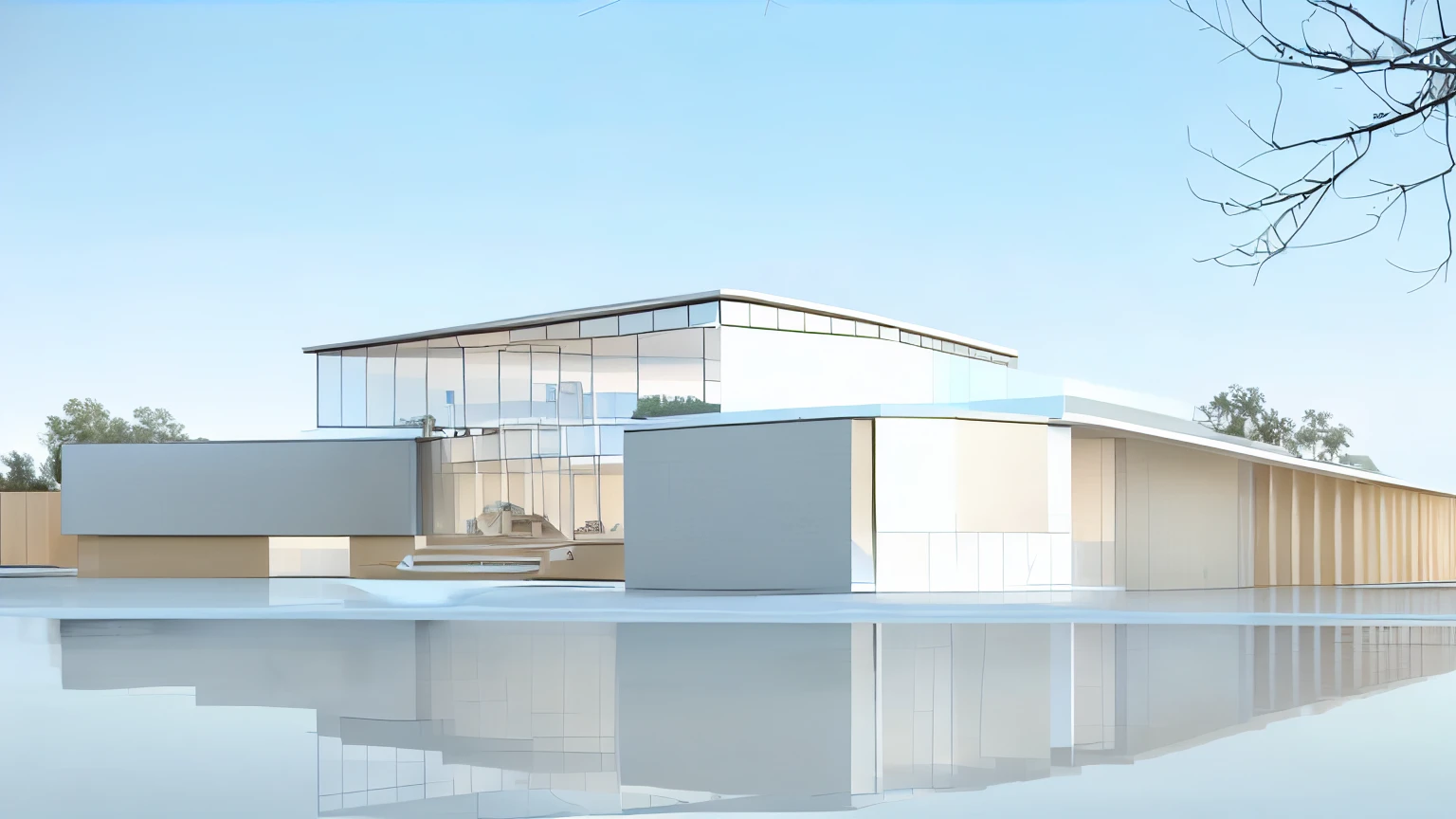 a building with a glass door, perspective , 3d rendering, front - facing perspective, minimal structure, front side view