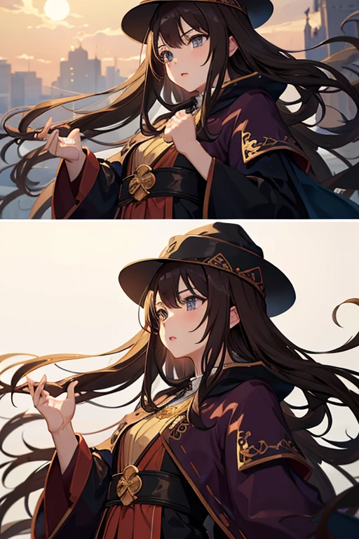 masterpiece, highest quality, High resolution,Anime Style、Brown Hair、Long Hair、Wizard、Robe、hat、hatを手で押さえる