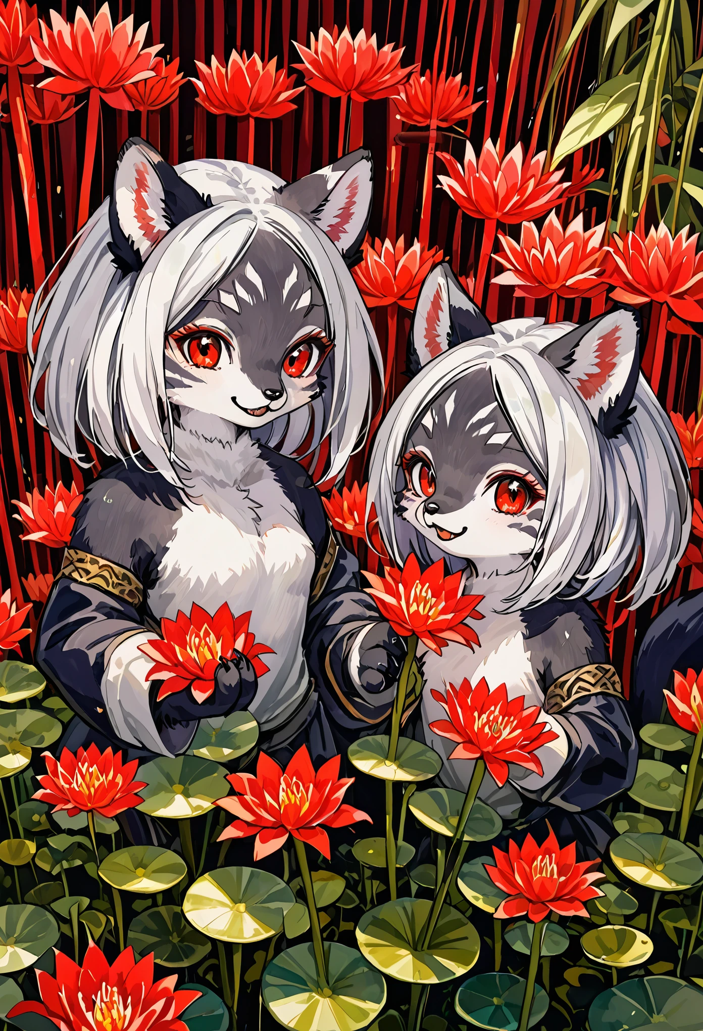 watercolor, highres, top quality, best quality, paid reward available, High-quality illustrations, unparalleled masterpiece, perfect artwork, absurdres, 1girl, kemono, furry, detailed body fur, animal face, animal hand, Archaic Smile, holding a cluster of red spider lilies in both hands, which are positioned at chest level, She is wearing a simple ring on the ring finger of her left hand, unfocused spread of red spider lilies, red coral, fan-created work shared on platforms Pixiv or Twitter,
