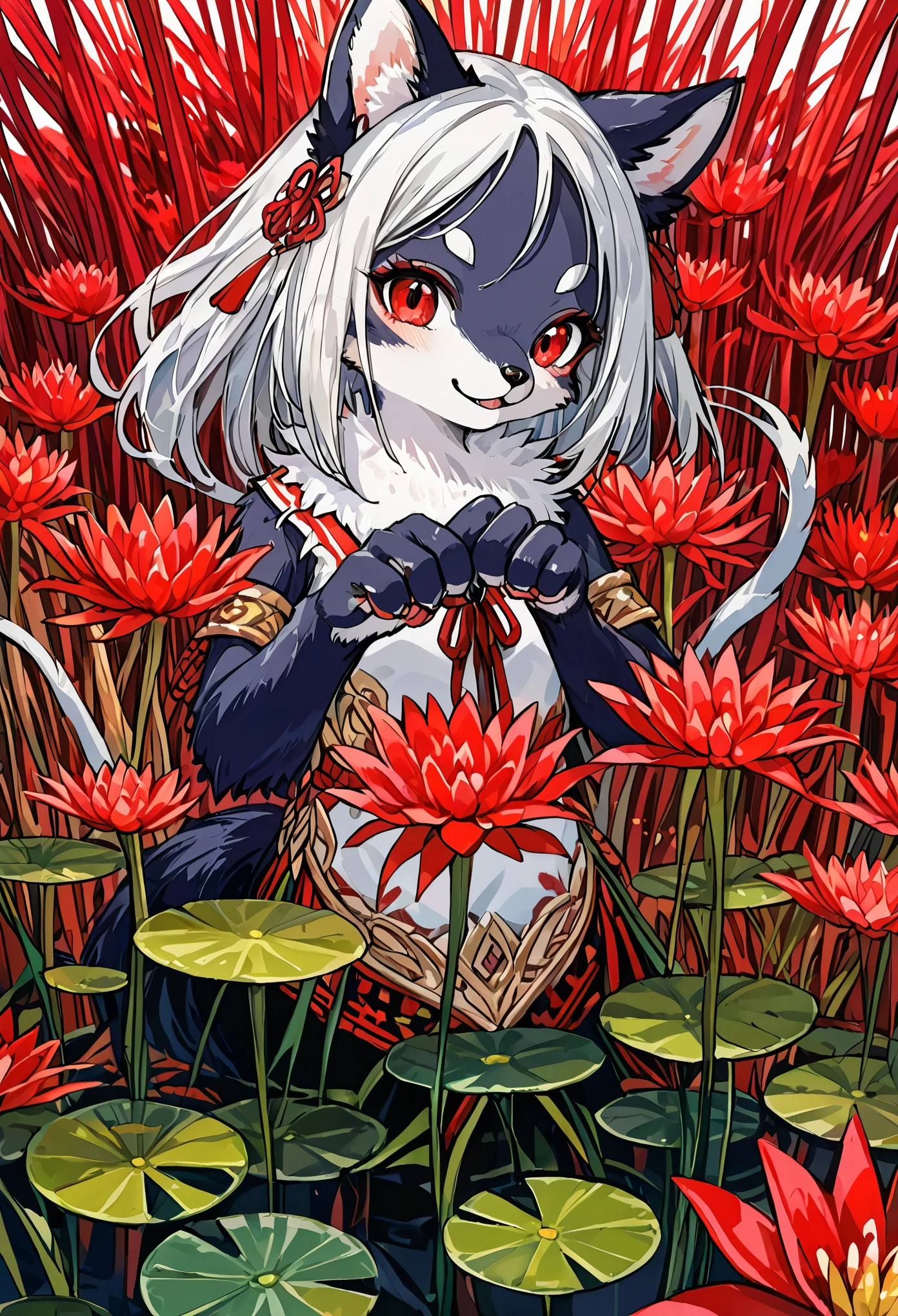watercolor, highres, top quality, best quality, paid reward available, High-quality illustrations, unparalleled masterpiece, perfect artwork, absurdres, 1girl, kemono, furry, detailed body fur, animal face, animal hand, Archaic Smile, holding a cluster of red spider lilies in both hands, which are positioned at chest level, She is wearing a simple ring on the ring finger of her left hand, unfocused spread of red spider lilies, red coral, fan-created work shared on platforms Pixiv or Twitter,