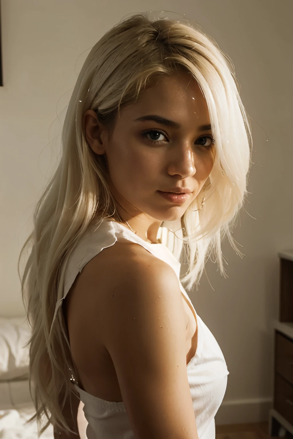 1girl em, idade19, sozinho, cabelos longos ondulados, Seios colossais, long messy blonde hair and windy, Downward facing camera on, kneeling down on the floor, looking-into-camera, Meio sorriso, biting lip, cabelos loiros, corpo inteiro, (papel de parede 8k extremamente detalhado), soft lighting, alta qualidade, filmic grain, Fujifilm XT3 sharp focus, f 5.6, 50 millimeters, High detail, foco nítido,(luz natural), (sedutor), Top esportivo de malha, listras grossas, saia preta pura, Revelando, Realistic, Um sexy