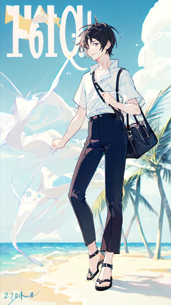 boy、 male、Black Hair、Short Hair、juvenile、Summery、smile、rough sketch，、8k、blue sky、cumulonimbus、White shirt、Black trousers、Sandals、Hair tied up、profile