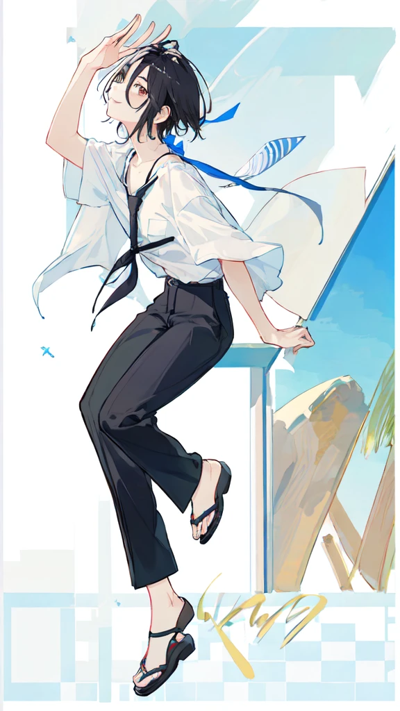 boy、17 year old male、Black Hair、Short Hair、juvenile、Summery、smile、rough sketch，、8k、blue sky、cumulonimbus、White shirt、Black trousers、Sandals、Hair tied up、profile