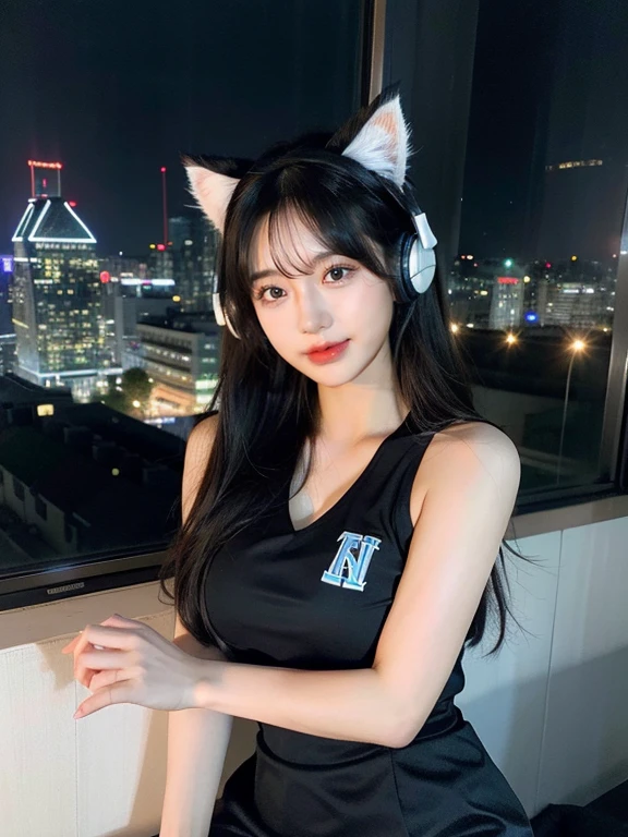 Four Girls, Full body photo、whole、最high quality, masterpiece, 32k、Very detailed、Realistic、Random Face、Japanese women、Cute Face, (photo Actual:1.3), Edge lighting, (Skin with attention to detail:1.2), 8k超High resolution, Single-lens reflex camera, high quality, High resolution, 4K, 8k, Optimal ratio of four fingers to one thumb, (Actual:1.3), smile、自然なsmile、Baseball Cheerleader Costumes(black、Light blue line design、Japanese professional baseball cheerleaders)、Cat ear headphones(ピンク色のネオンCat ear headphones)、There are four cute girls., Realistic、Super Realistic、32k、Very detailed、masterpiece, 最high quality, beautiful girl, beauty、 Mecha, Beautiful lighting, Sitting,Cyber Neon、Future City、Skyscraper、City Night、Shanghai、Big cities、Night view、綺麗なNight view