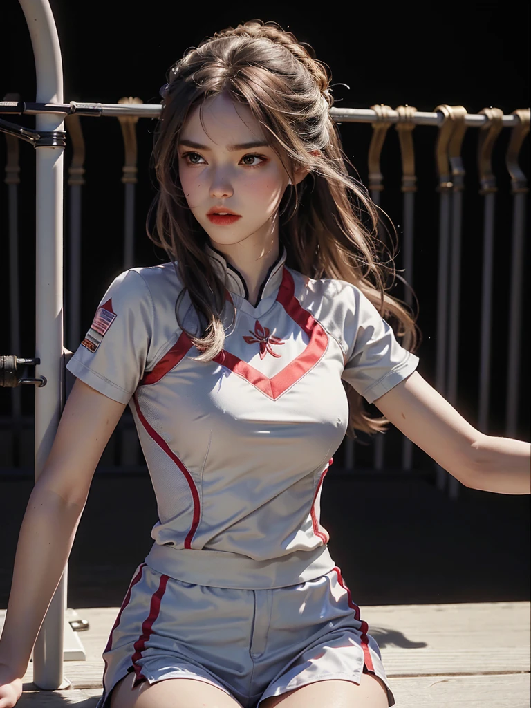 (8K, RAW photos, best quality, On the table:1.2), (Practical, Realism:1.37),1 girl,beautiful,powerful, (Solitary),a delicate face, dramaticangle,
,Sports Archery Uniforms ,look away,Athletic,Moist skin,Sweat,Large Breasts,Well-trained abs,Beautiful legs,Sports Archery Field   ,