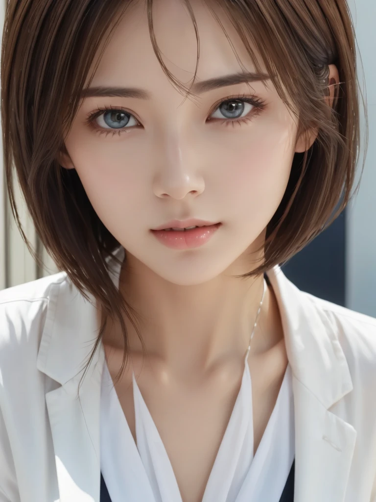Non-NSFW、16K、Realistic、Highest quality、masterpiece、Ultra-high resolution、RAW Photos、Realistic、Bright lighting、Face Light、Smooth Professional Lighting、Looking into the camera、alone、Adult female、Beautiful woman、Super Beauty、Realistic肌、Moisturized Skin、Realistic eyes and faces、Perfect model body shape、Beautiful Eyes、Big eyes、Inconspicuous tear bags、slim、big breasts of medium size、Very good、Camel Toe、Beautiful fingers、Very short hair、Black Hair、black eye、Looks happy、(Both ears are hidden by hair)、(((long white coat)))、