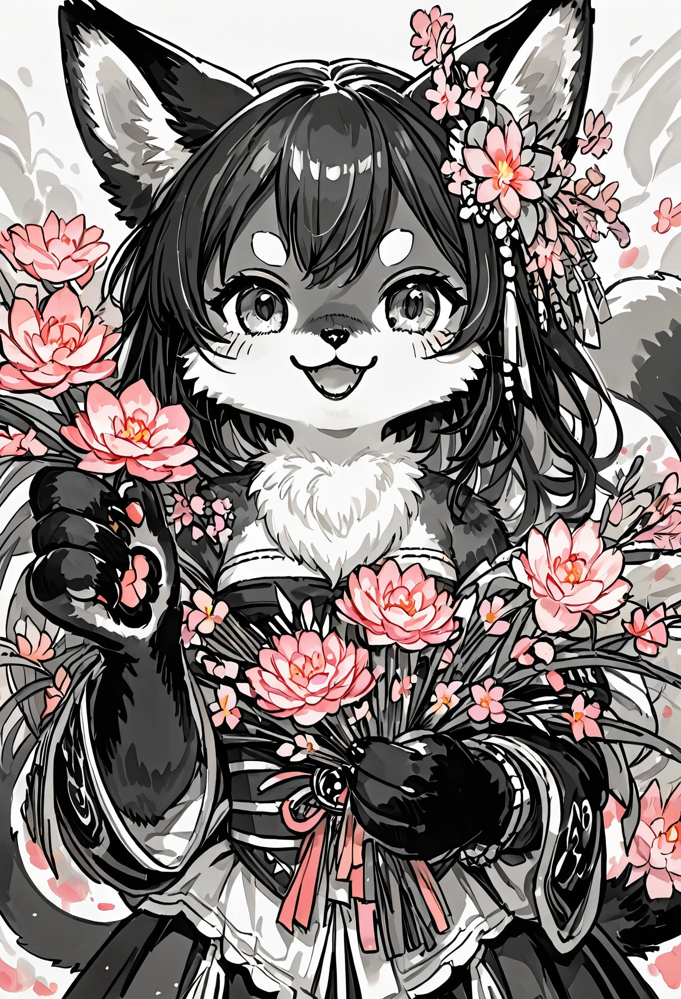 monochrome, watercolor, highres, top quality, best quality, paid reward available, High-quality illustrations, unparalleled masterpiece, perfect artwork, absurdres, 1girl, kemono, furry, detailed body fur, animal face, animal hand, Archaic Smile, holding a cluster of pink flower in both hands, which are positioned at chest level, She is wearing a simple ring on the ring finger of her left hand, unfocused spread of pink flower, fan-created work shared on platforms Pixiv or Twitter,