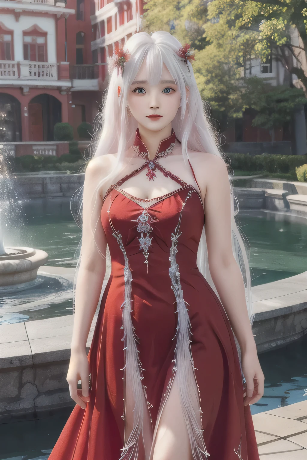 ((best quality)), ((masterpiece)),,((ultra-detailed)), extremely detailed CG, , (an extremely delicate and beautiful), 1girl, solo, ((cute face)),(beautiful detailed eyes), red eyes,white hair, shiny hair, colored inner hair,Ice rose,Ice hair ornaments,adorns,, [ice crystal],, crystal,((floating hair)), ((caustic)),((disheveled hair)),watercolor_(medium),detailed background,fluttered detailed splashs, full body view, weading dress, ((dress color is red)), standing near a of fountain, dress is simple and long, photo must full view, a beautiful long dress full long. color full dress