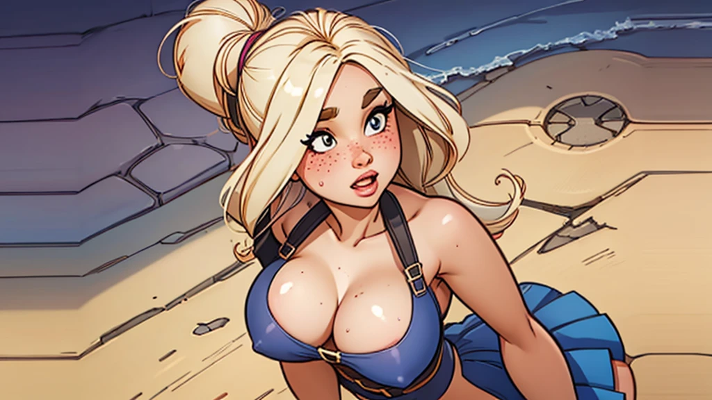 1 girl, Natural photography of a beautiful girl, wearing a loose crop top, leaning over, long blonbe hair, big bust, locks eyes into the camera, symmetrical eyes, symmetrical face, (masterpiece) (best quality) (detailed) (8k) photorealistic, photography, path tracing, specular lighting, volumetric face light, path traced hair, visible shadows, intricate, elaborate, oiled boobs, cleavage, wet skin, flirty, freckles, blush, dark eyeliner, hanging breasts, girl bending over, strap gap