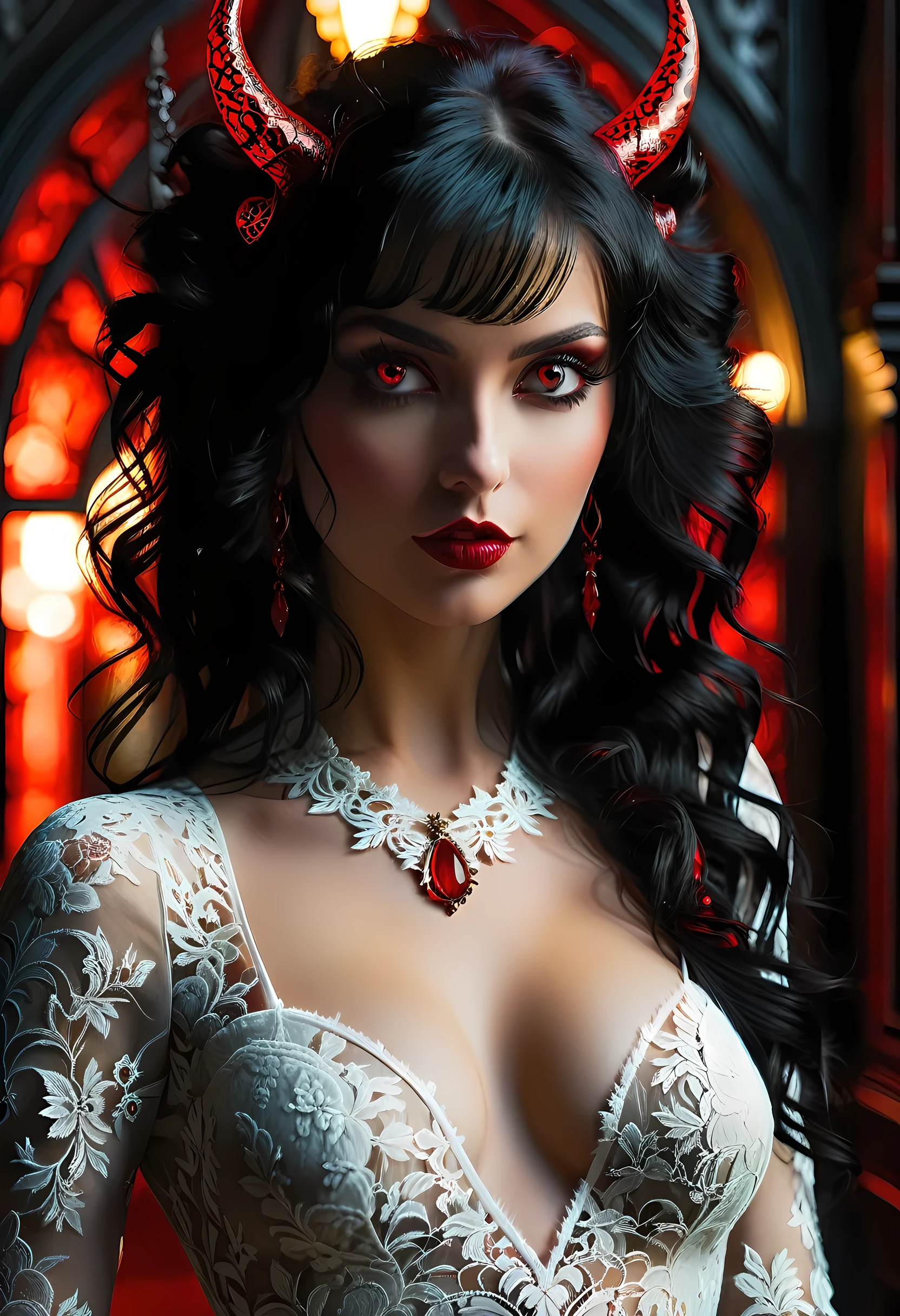 epic good looking succubus wearing a (white lace: 1.5) dress (intense details, Masterpiece, best details: 1.6),, offering a gold and red diamond ring in hand (intense details, Masterpiece, best details: 1.6), full body (intense details, Masterpiece, best details: 1.6), ultra detailed face (intense details, Masterpiece, best details: 1.5),standing in the door entrance, holding a red and gold ring (intense details, Masterpiece, best details: 1.6), black hair, long hair, red eyes, glowing eyes, small horns, red high heels, dim light, high details, best quality, 8k, [ultra detailed], masterpiece, best quality, (extremely detailed), ultra wide shot, photorealistic, gothic art, sense of darkness, sense of seduction, fiery magic symbols (intense details, Masterpiece, best details: 1.6),in the background, lace drawing, Dark Art Painting Style, dark, black and color