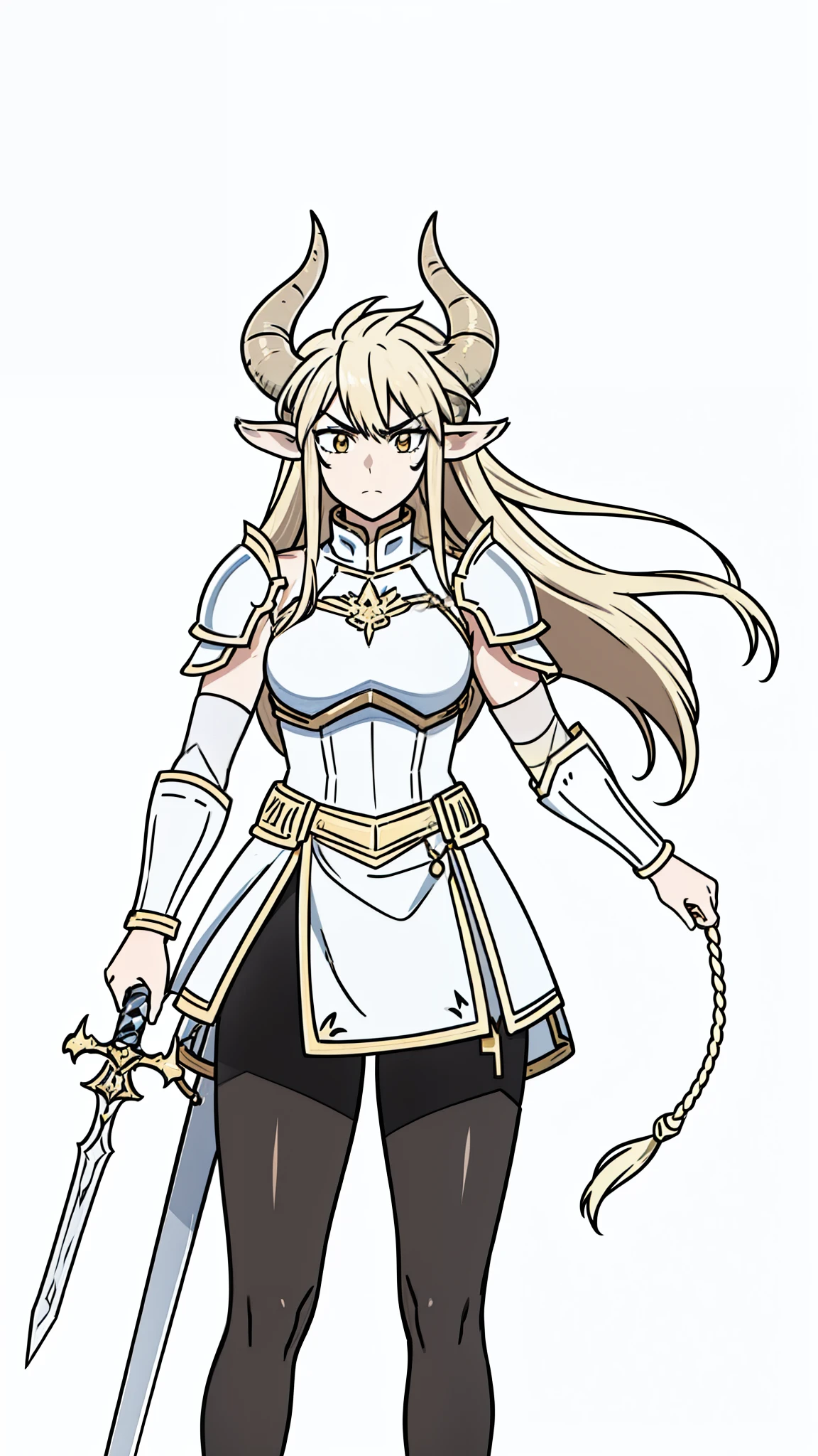 1girl,20 years old,solo,(white background,line drawing),long hair,angry,horns,gold knight armor,perfil,cow ears,(black pantyhose),holding a sword, cowboy shot