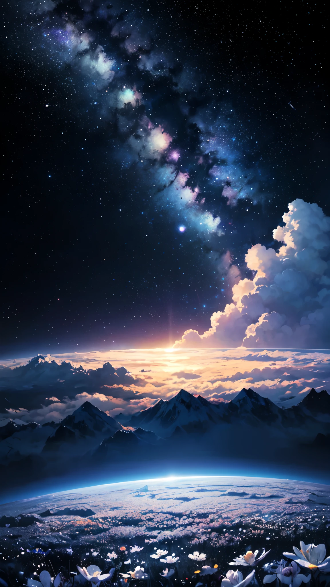 starry night sky with a mountain and a field of white flowers, endless cosmos in the background, moonlit starry sky environment, anime background, background is space, sitting on the cosmic cloudscape, on a galaxy looking background, magnificent background, space sky, cool background, heaven planet in background, space in background, on cosmic cloudscape, magical background, icey tundra background