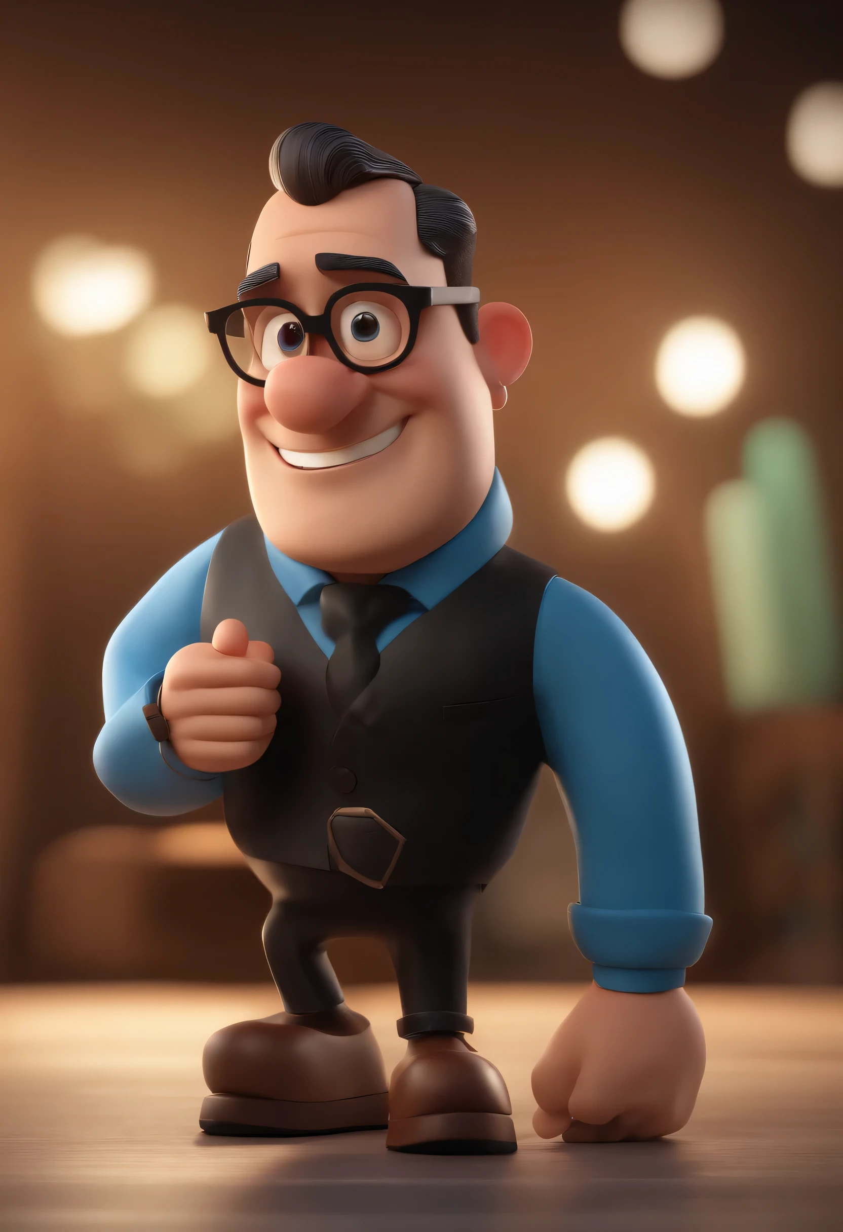 Cartoon character of a man in black glasses and blue shirt, um personagem animado, Caractere estilizado, animation style rendering, 3D estilizado, Arnold Maya rendering, Stylized 3D rendering, toon render screenshot, Personagem 3D, Personagem 3D, Stylized 3D rendering, 3D character rendering, personagem de desenho animado, Personagem de close up, Pose de personagem, (Estilo Pixar) (parte mestre:1.2) (Bokeh) (melhor qualidade) (pele detalhada) (textura detalhada) (8K) (argila) (cinematic lighting) (sharp focus，Senta e vaza a parte superior do corpo
