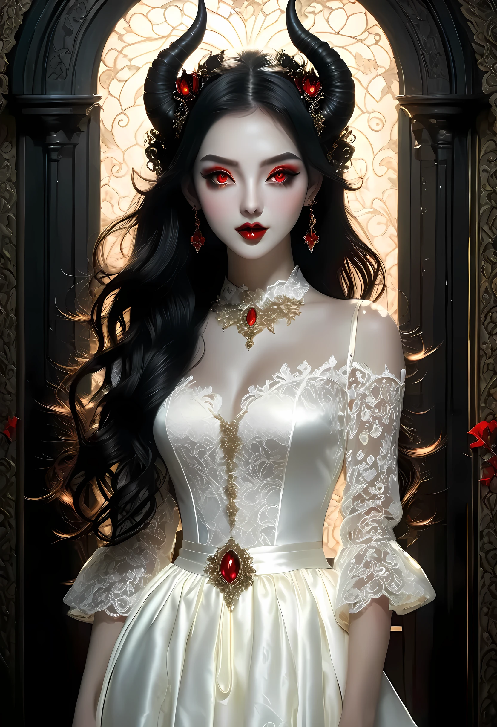 epic good looking succubus wearing a (white lace: 1.5) dress (intense details, Masterpiece, best details: 1.6),, offering a gold and red diamond ring in hand (intense details, Masterpiece, best details: 1.6), full body (intense details, Masterpiece, best details: 1.6), ultra detailed face (intense details, Masterpiece, best details: 1.5),standing in the door entrance, holding a red and gold ring (intense details, Masterpiece, best details: 1.6), black hair, long hair, red eyes, glowing eyes, small horns, red high heels, dim light, high details, best quality, 8k, [ultra detailed], masterpiece, best quality, (extremely detailed), ultra wide shot, photorealistic, gothic art, sense of darkness, sense of seduction, fiery magic symbols (intense details, Masterpiece, best details: 1.6),in the background, lace drawing, Dark Art Painting Style, dark, black and color