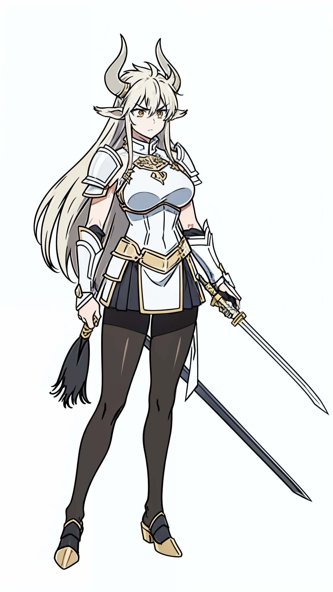 1girl,20 years old,solo,(white background,line drawing),long hair,angry,horns,gold knight armor,perfil,cow ears,(black pantyhose),holding a sword, cowboy shot