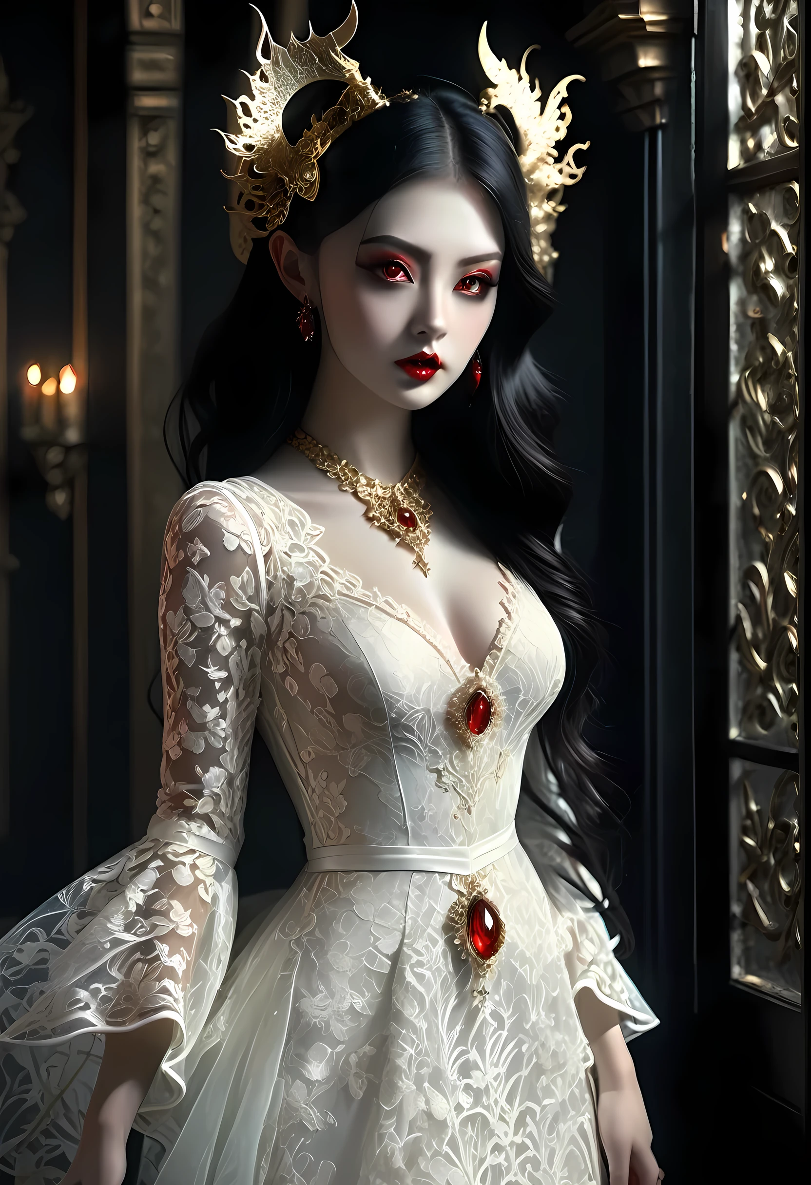 epic good looking succubus wearing a (white lace: 1.5) dress (intense details, Masterpiece, best details: 1.6),, offering a gold and red diamond ring in hand (intense details, Masterpiece, best details: 1.6), full body (intense details, Masterpiece, best details: 1.6), ultra detailed face (intense details, Masterpiece, best details: 1.5),standing in the door entrance, holding a red and gold ring (intense details, Masterpiece, best details: 1.6), black hair, long hair, red eyes, glowing eyes, small horns, red high heels, dim light, high details, best quality, 8k, [ultra detailed], masterpiece, best quality, (extremely detailed), ultra wide shot, photorealistic, gothic art, sense of darkness, sense of seduction, fiery magic symbols (intense details, Masterpiece, best details: 1.6),in the background, lace drawing, Dark Art Painting Style, dark, black and color