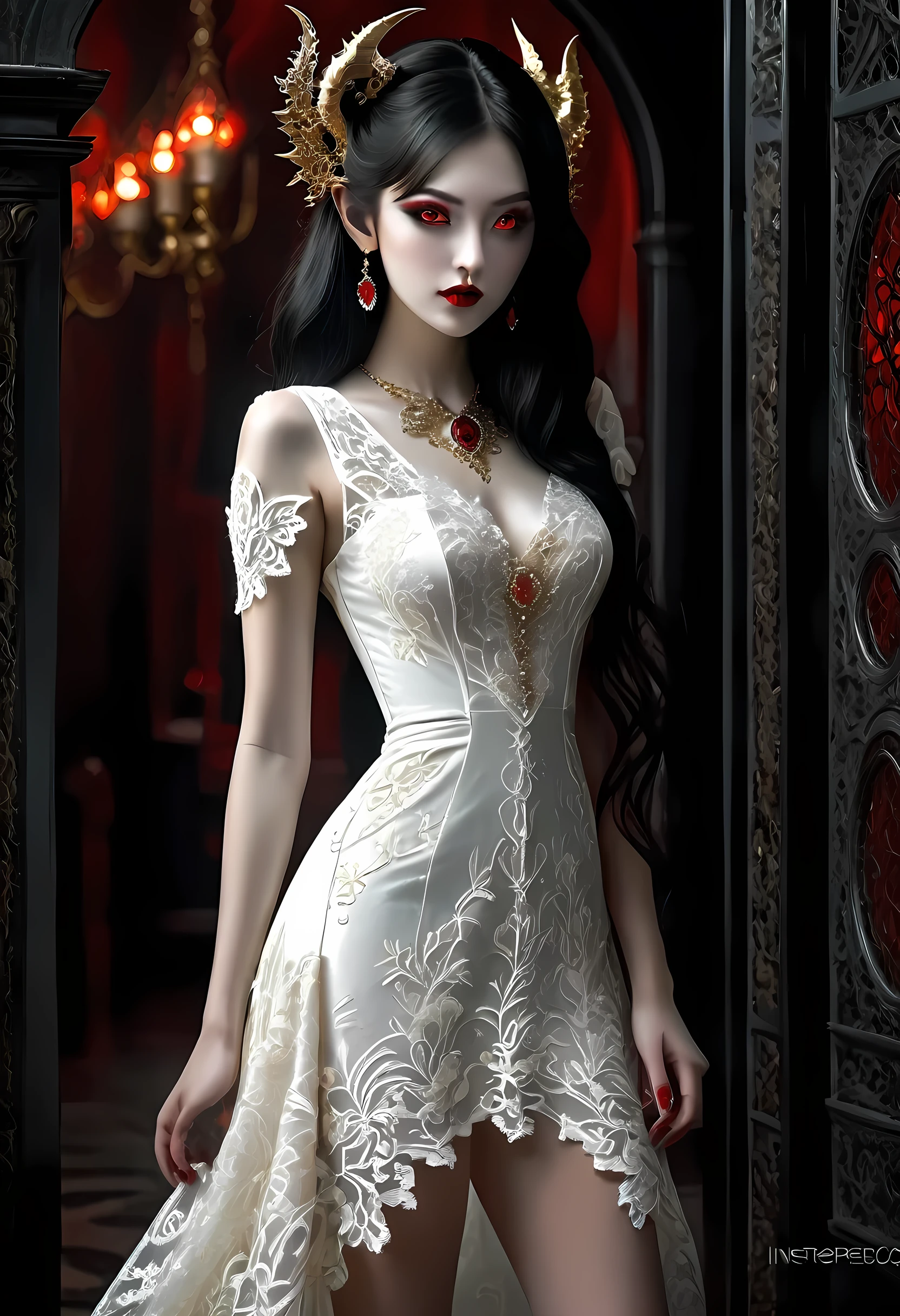 epic good looking succubus wearing a (white lace: 1.5) dress (intense details, Masterpiece, best details: 1.6),, offering a gold and red diamond ring in hand (intense details, Masterpiece, best details: 1.6), full body (intense details, Masterpiece, best details: 1.6), ultra detailed face (intense details, Masterpiece, best details: 1.5),standing in the door entrance, holding a red and gold ring (intense details, Masterpiece, best details: 1.6), black hair, long hair, red eyes, glowing eyes, small horns, red high heels, dim light, high details, best quality, 8k, [ultra detailed], masterpiece, best quality, (extremely detailed), ultra wide shot, photorealistic, gothic art, sense of darkness, sense of seduction, fiery magic symbols (intense details, Masterpiece, best details: 1.6),in the background, lace drawing, Dark Art Painting Style, dark, black and color