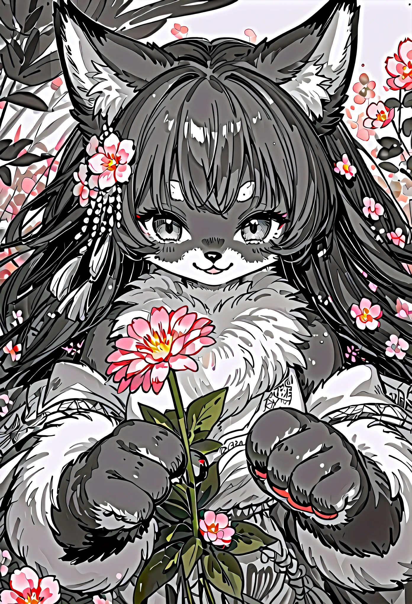 monochrome, watercolor, highres, top quality, best quality, paid reward available, High-quality illustrations, unparalleled masterpiece, perfect artwork, absurdres, 1girl, kemono, furry, detailed body fur, animal face, animal hand, Archaic Smile, holding a cluster of pink flower in both hands, which are positioned at chest level, She is wearing a simple ring on the ring finger of her left hand, unfocused spread of pink flower, fan-created work shared on platforms Pixiv or Twitter,