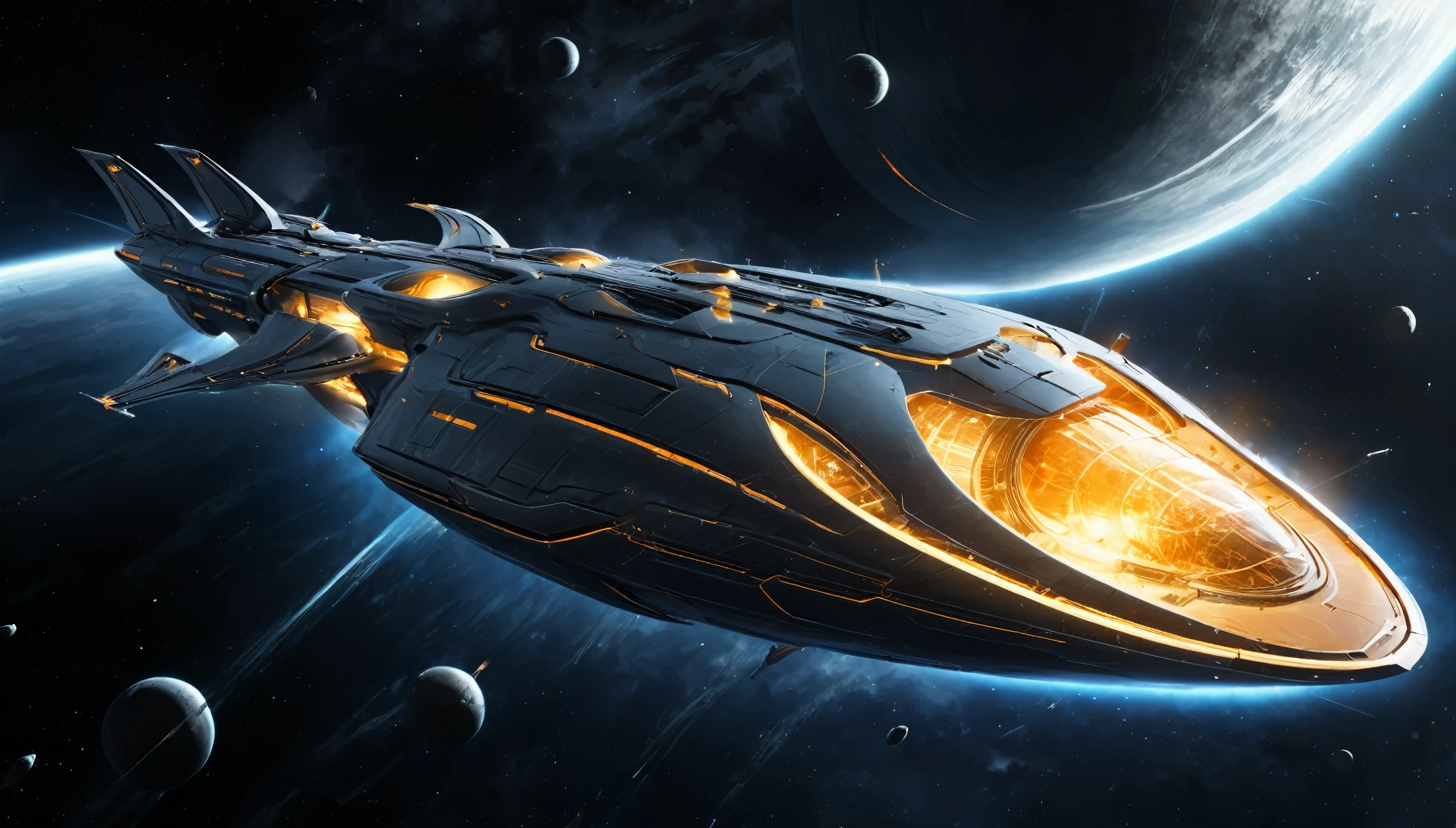 Create a highly detailed and futuristic starship with sleek, streamlined curves and an advanced, metallic hull. The starship should be designed with multiple perspectives shown, including side, front, back, top, and bottom views. The hull should be primarily silver and metallic gray with intricate paneling and detailing, featuring blue and orange glowing elements. The design should include a large, circular main hull section, a sleek secondary hull connected by thin, elongated pylons, and two long, narrow warp nacelles positioned on either side. The nacelles should have glowing orange caps. The ship should have a powerful, imposing presence, with a mix of sharp edges and smooth surfaces, conveying both elegance and strength. The background should be solid black to emphasize the starship's features.