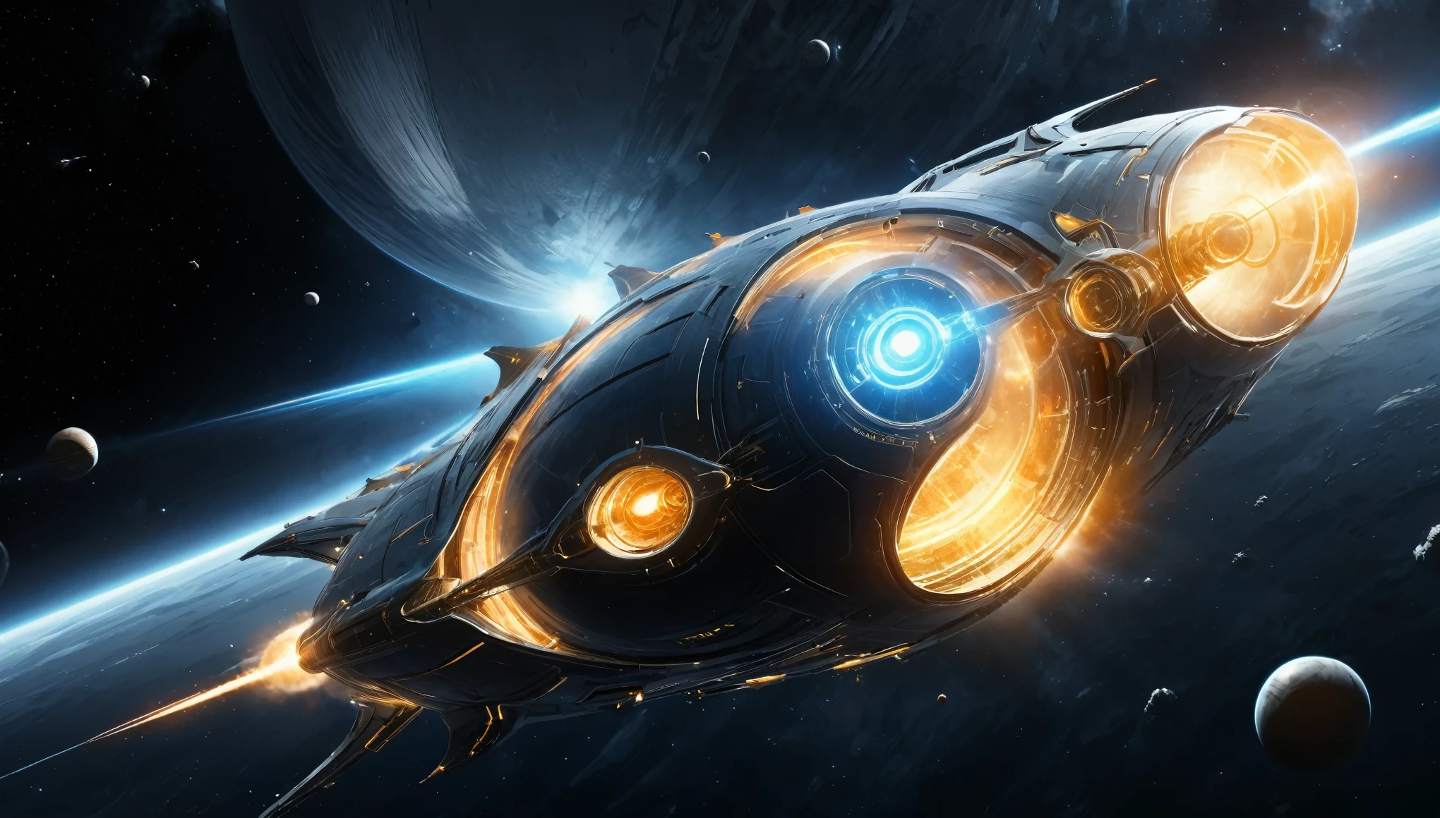 Create a highly detailed and futuristic starship with sleek, streamlined curves and an advanced, metallic hull. The starship should be designed with multiple perspectives shown, including side, front, back, top, and bottom views. The hull should be primarily silver and metallic gray with intricate paneling and detailing, featuring blue and orange glowing elements. The design should include a large, circular main hull section, a sleek secondary hull connected by thin, elongated pylons, and two long, narrow warp nacelles positioned on either side. The nacelles should have glowing orange caps. The ship should have a powerful, imposing presence, with a mix of sharp edges and smooth surfaces, conveying both elegance and strength. The background should be solid black to emphasize the starship's features.