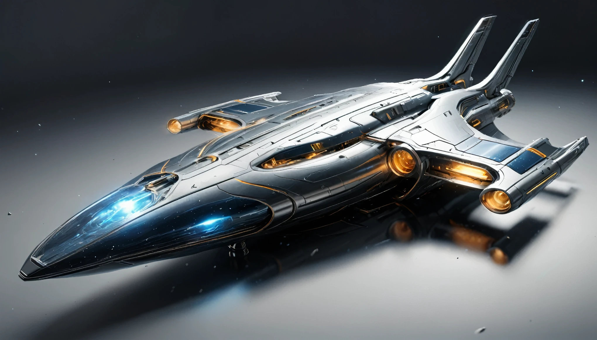 Create a highly detailed and futuristic starship with sleek, streamlined curves and an advanced, metallic hull. The starship should be designed with multiple perspectives shown, including side, front, back, top, and bottom views. The hull should be primarily silver and metallic gray with intricate paneling and detailing, featuring blue and orange glowing elements. The design should include a large, circular main hull section, a sleek secondary hull connected by thin, elongated pylons, and two long, narrow warp nacelles positioned on either side. The nacelles should have glowing orange caps. The ship should have a powerful, imposing presence, with a mix of sharp edges and smooth surfaces, conveying both elegance and strength. The background should be solid black to emphasize the starship's features.
