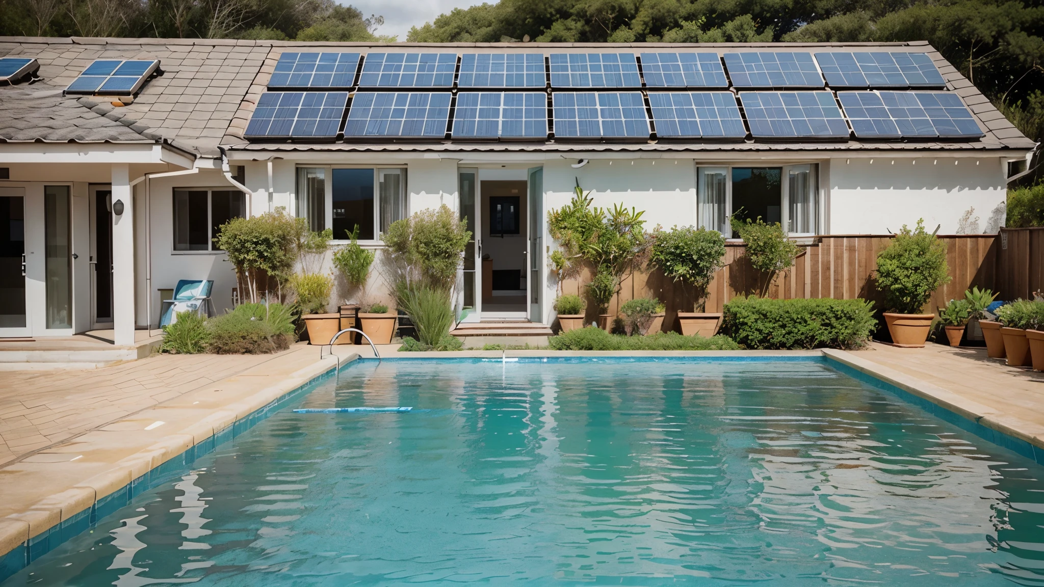 I would like an image of a plant, it will be very low polluting and will have several swimming pools, that this plant will have many solar panels and buoys in front of the pools without buoys, and in front of this plant there will be arms to obtain tidal energy, so it was close to a coastal region