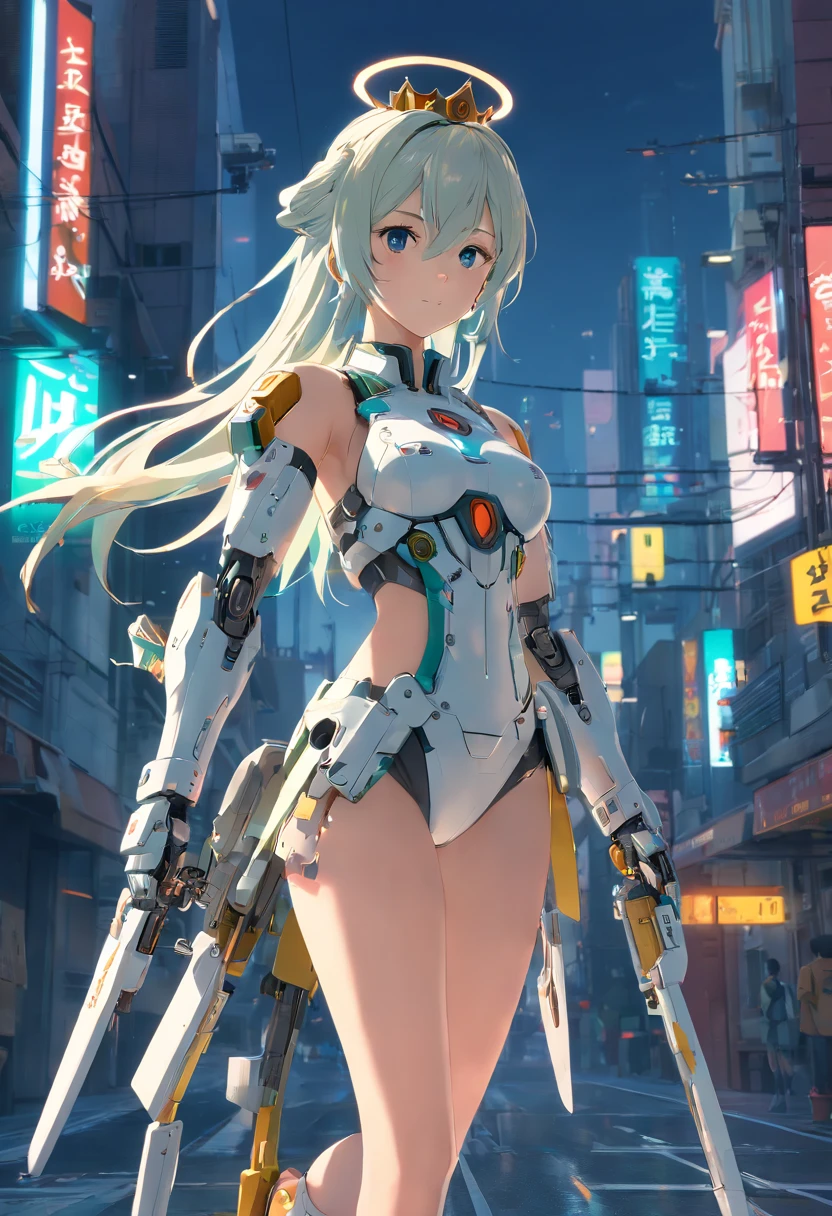 ((Best Quality)), ((Masterpiece)), (Very Detailed:1.3), 3D, Shitu-mecha, Beautiful cyberpunk woman wearing a crown with her mecha in ruins of a city of forgotten wars, streets with mecha in firefight, long silver hair, sci-fi technology, HDR (High Dynamic Range), ray tracing, NVIDIA RTX, super resolution, Unreal 5, subsurface scattering, PBR texture, post-processing, anisotropic filtering, depth of field, maximum sharpness and sharpness, Multi-layer textures, albedo and specular maps, surface shading, accurate simulation of light-material interactions, perfect ratios, octane rendering, duotone lighting, low ISO, white balance, rule of thirds, wide aperture, 8K RAW, efficient sub-pixels, subpixel convolution, luminous particles, light scattering, Tyndall effect