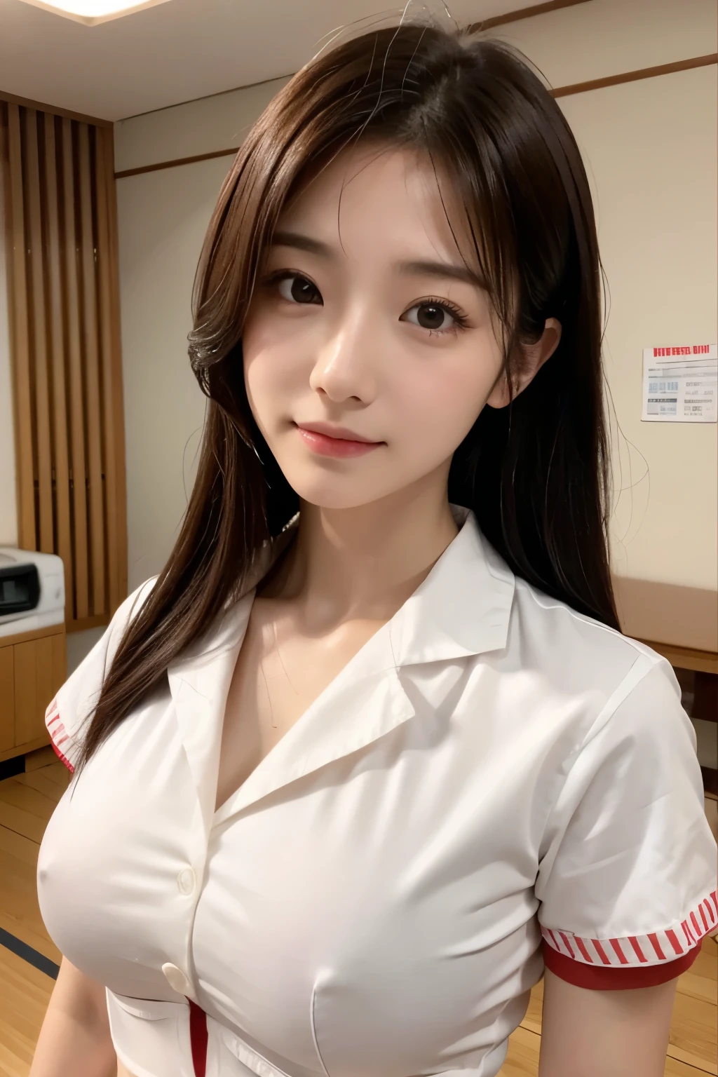 solo、Model Body Type、Well-trained abdominal muscles、Beautiful woman、Model face、Beautiful Faces、high resolution(8K)、Hyper Detail、Japanese、Large Breasts(1:2)、Nurse uniform with the Red Cross mark、A room in the hospital、Wet Hair、Wet body
