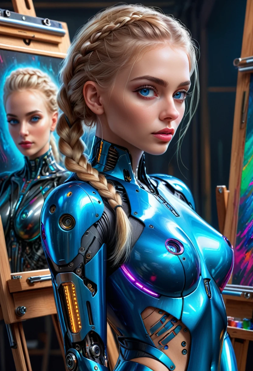 a sexy cyborg woman with a french braid and blonde hair, drawing a self-portrait in oil paints, standing full-length in front of an easel with paints, (best quality, 4k, 8k, highres, masterpiece:1.2), ultra-detailed, (realistic, photorealistic, photo-realistic:1.37), highly detailed face, beautiful detailed eyes, beautiful detailed lips, extremely detailed eyes and face, long eyelashes, intricate machinery and cybernetic implants, sleek metallic body, glowing energy lines, dramatic lighting, vibrant colors, cinematic composition