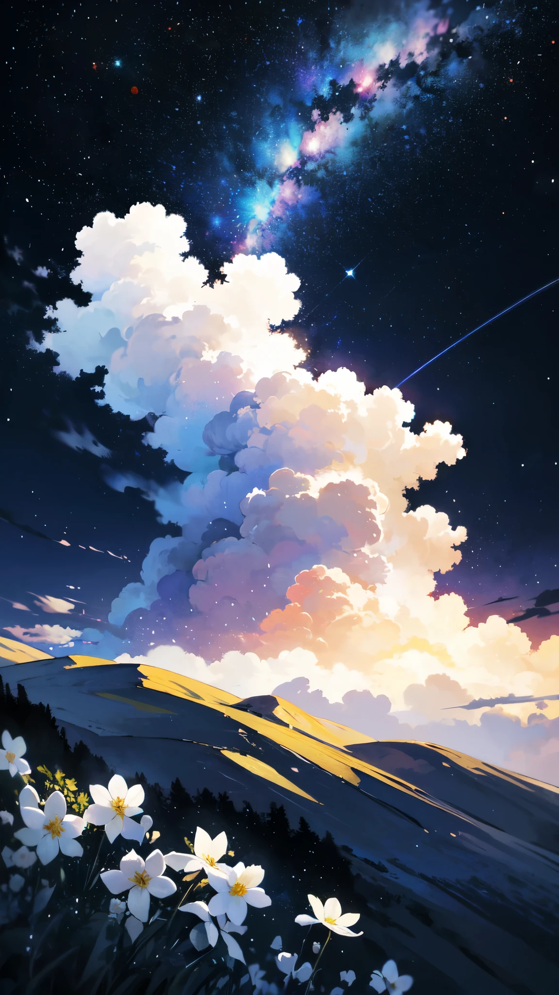 starry night sky with a mountain and a field of white flowers, endless cosmos in the background, moonlit starry sky environment, anime background, background is space, sitting on the cosmic cloudscape, on a galaxy looking background, magnificent background, space sky, cool background, heaven planet in background, space in background, on cosmic cloudscape, magical background, icey tundra background