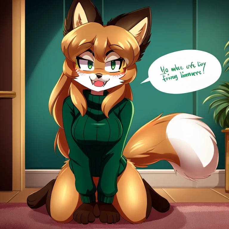 uploaded the e621, beautiful and detailed, woman (((female))) ((anthro)) Fox, (Averi, Fox girl), cinematic lighting, Fox, (anthro, fluffy fur), 1girl, anthro fox girl, body fur, curvy, sexy, nice, cute, hot, comfortable anime-style cartoon-style, digital drawing, SFW, flat chest, nervous smiling, sassy, sassy hips, blushing, fangs, green eyes, looking at viewer, indoors, speech bubble, green sweater, on knees
