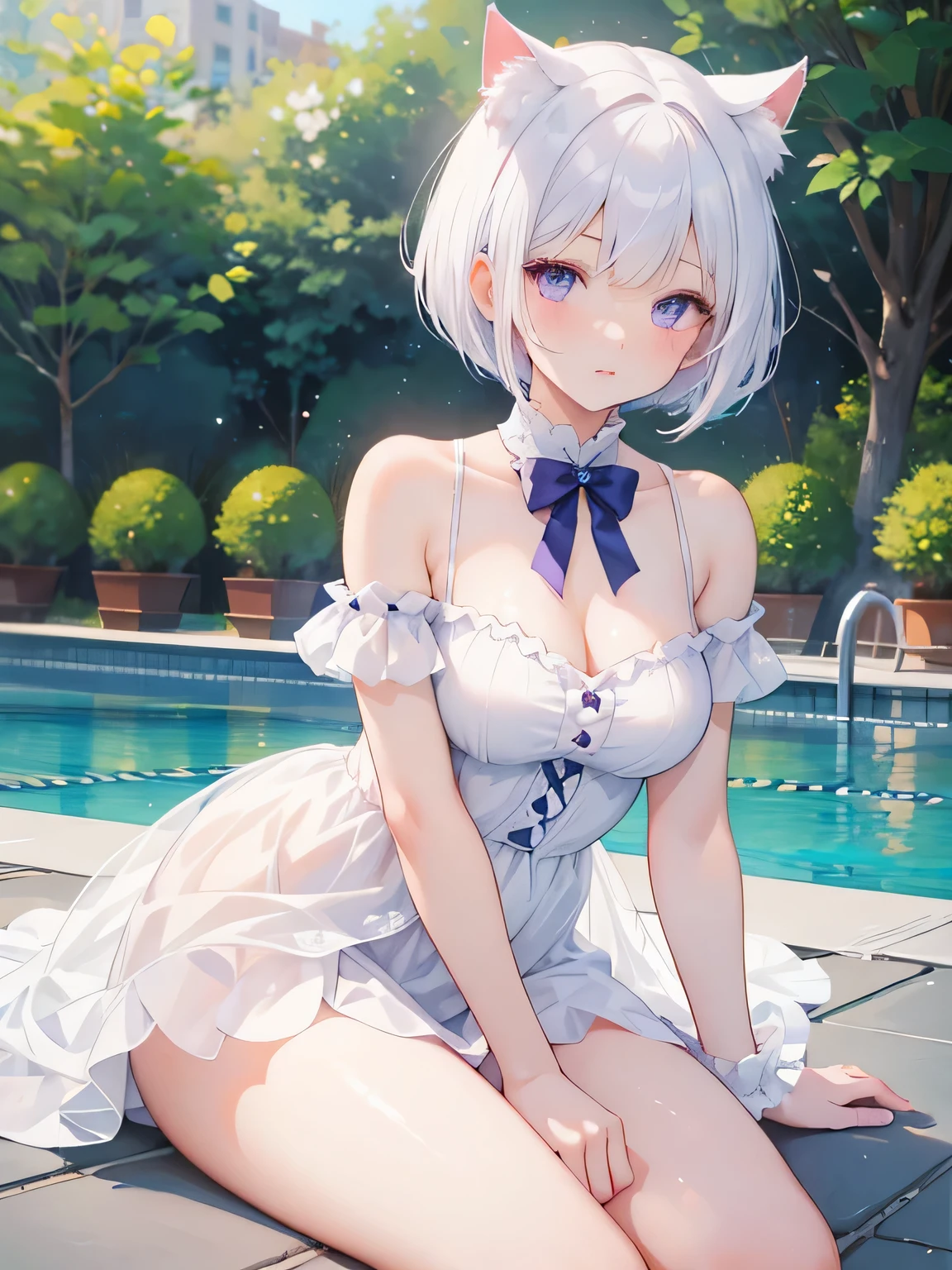 One girl、Beauty、White cat ears、White Hair、Lilac eyes、Bob Hair、trimmed bangs、Cute light blue dress、Beautiful thighs、A soft smile、Around 24 years old、The background is the pool
